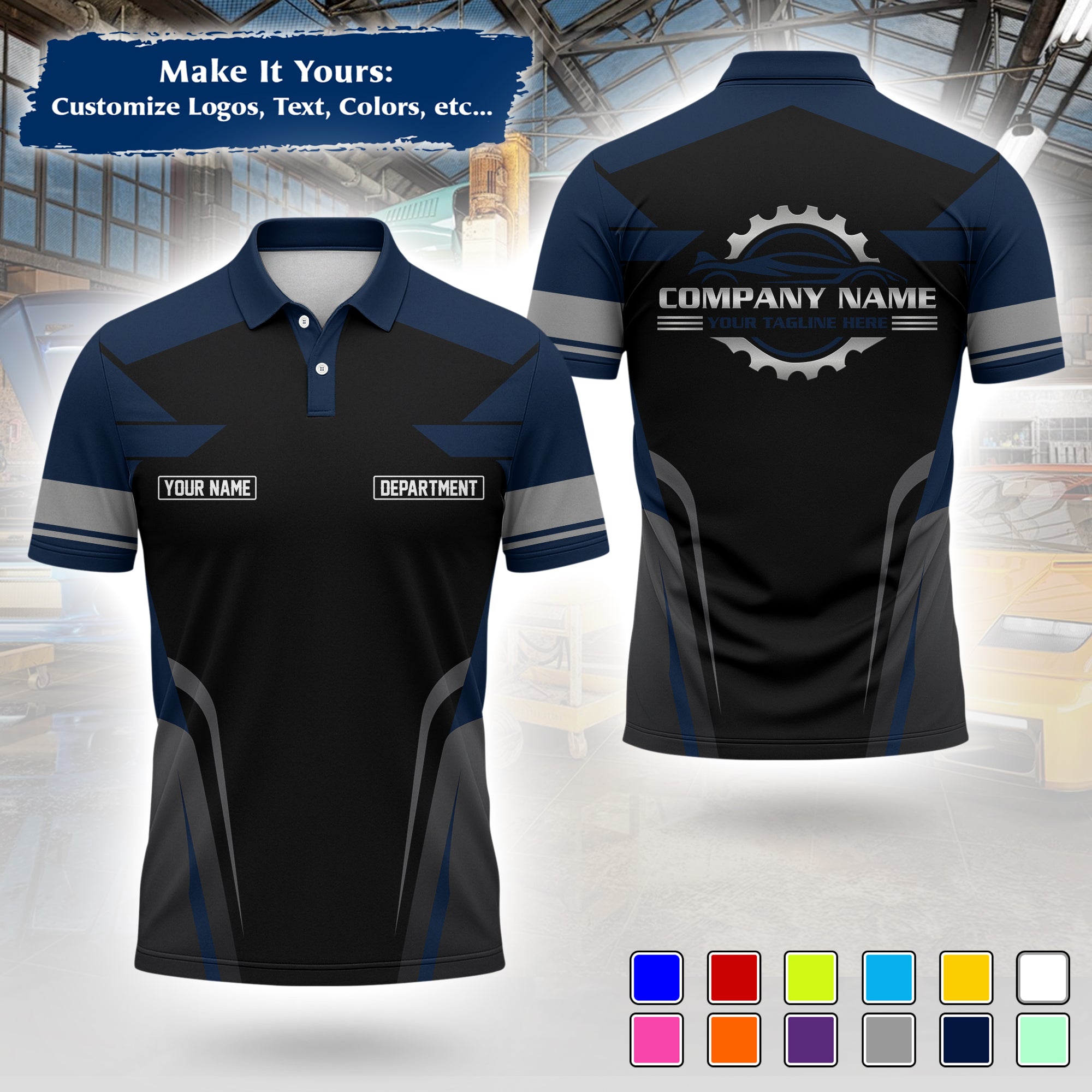 Custom Auto Mechanic Polo Uniform | Embroidered Garage Logo, Tech Name & Phone MCNPL01