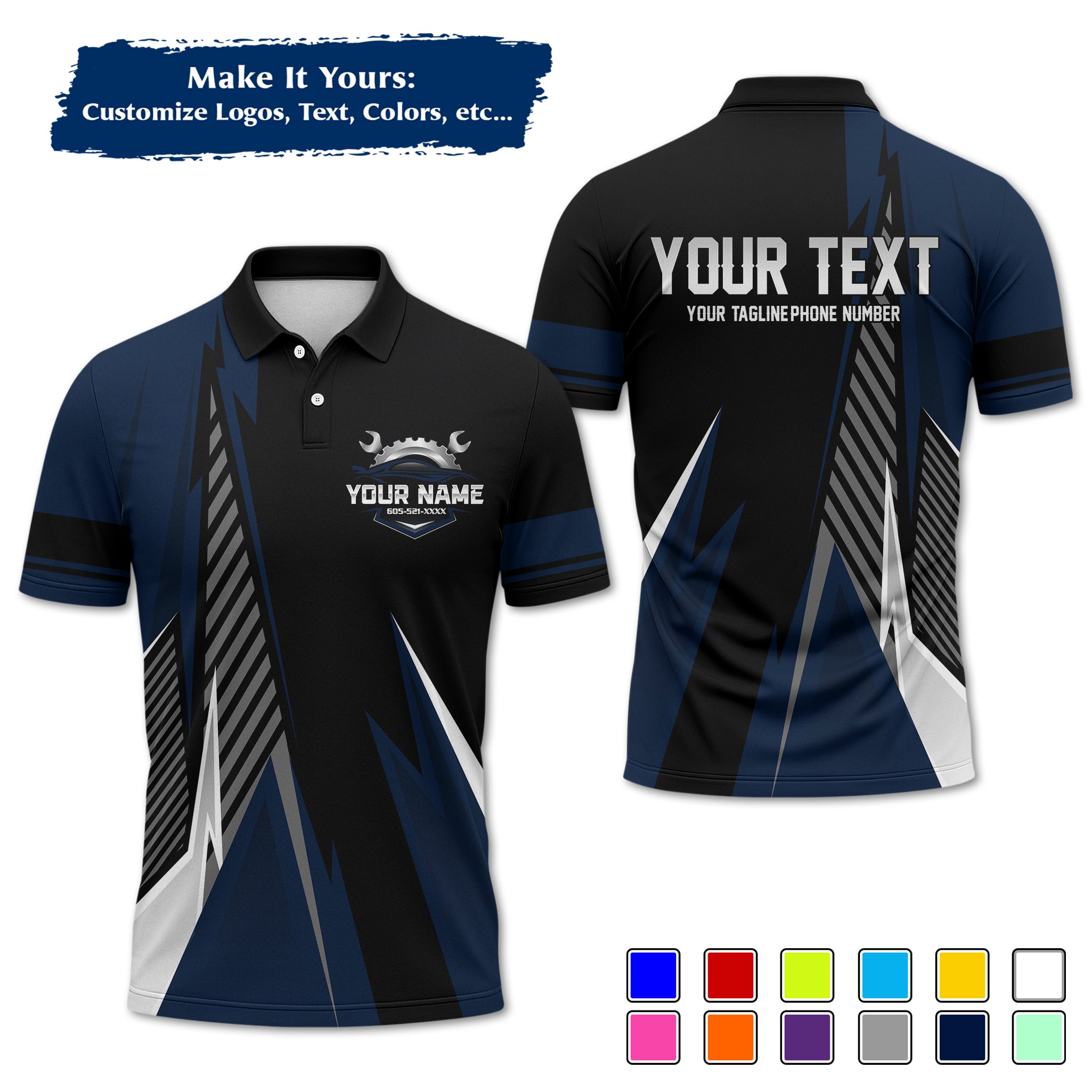 Custom Auto Mechanic Polo Uniform, Garage Logo, Tech Name & Phone MCNPL02