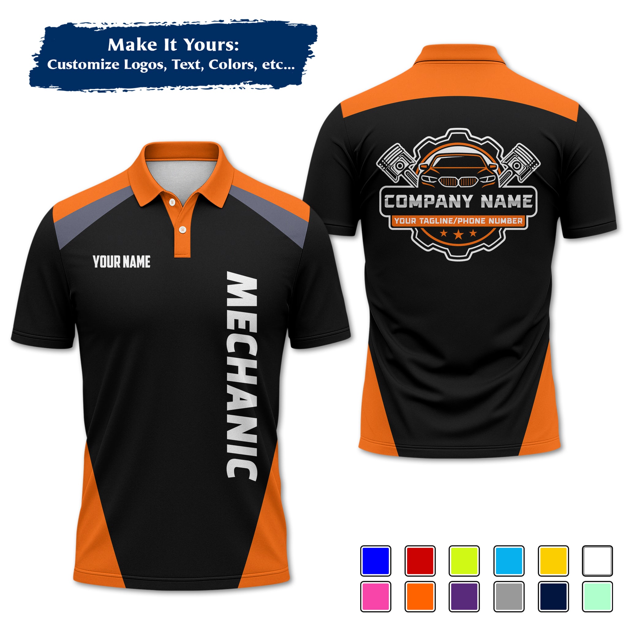 Custom Auto Mechanic Polo Uniform, Garage Logo, Tech Name & Phone MCNPL03