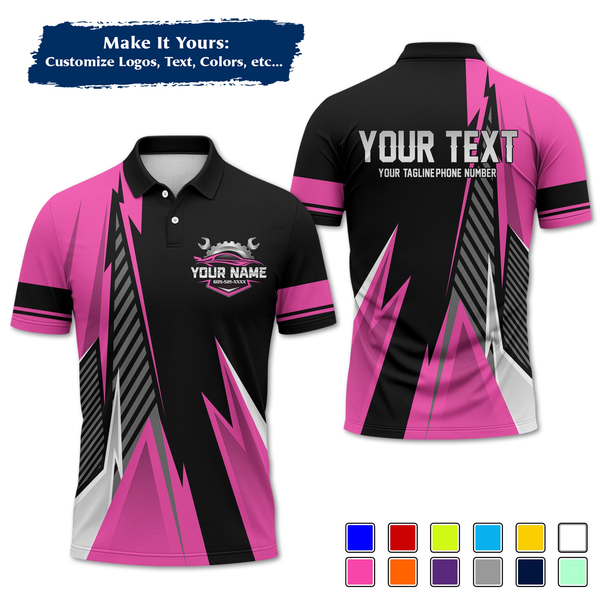 Custom Auto Mechanic Polo Uniform, Garage Logo, Tech Name & Phone MCNPL02