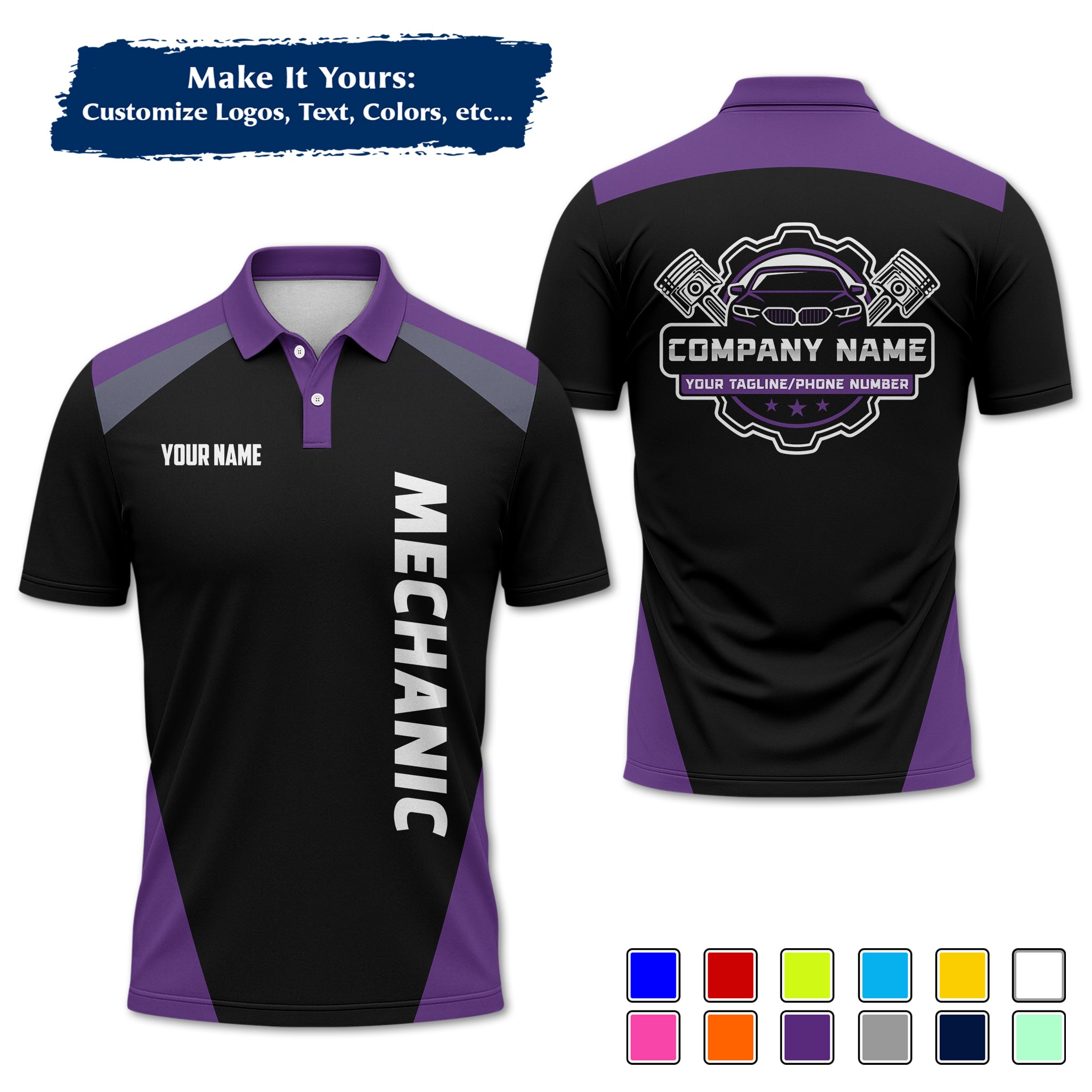 Custom Auto Mechanic Polo Uniform, Garage Logo, Tech Name & Phone MCNPL03