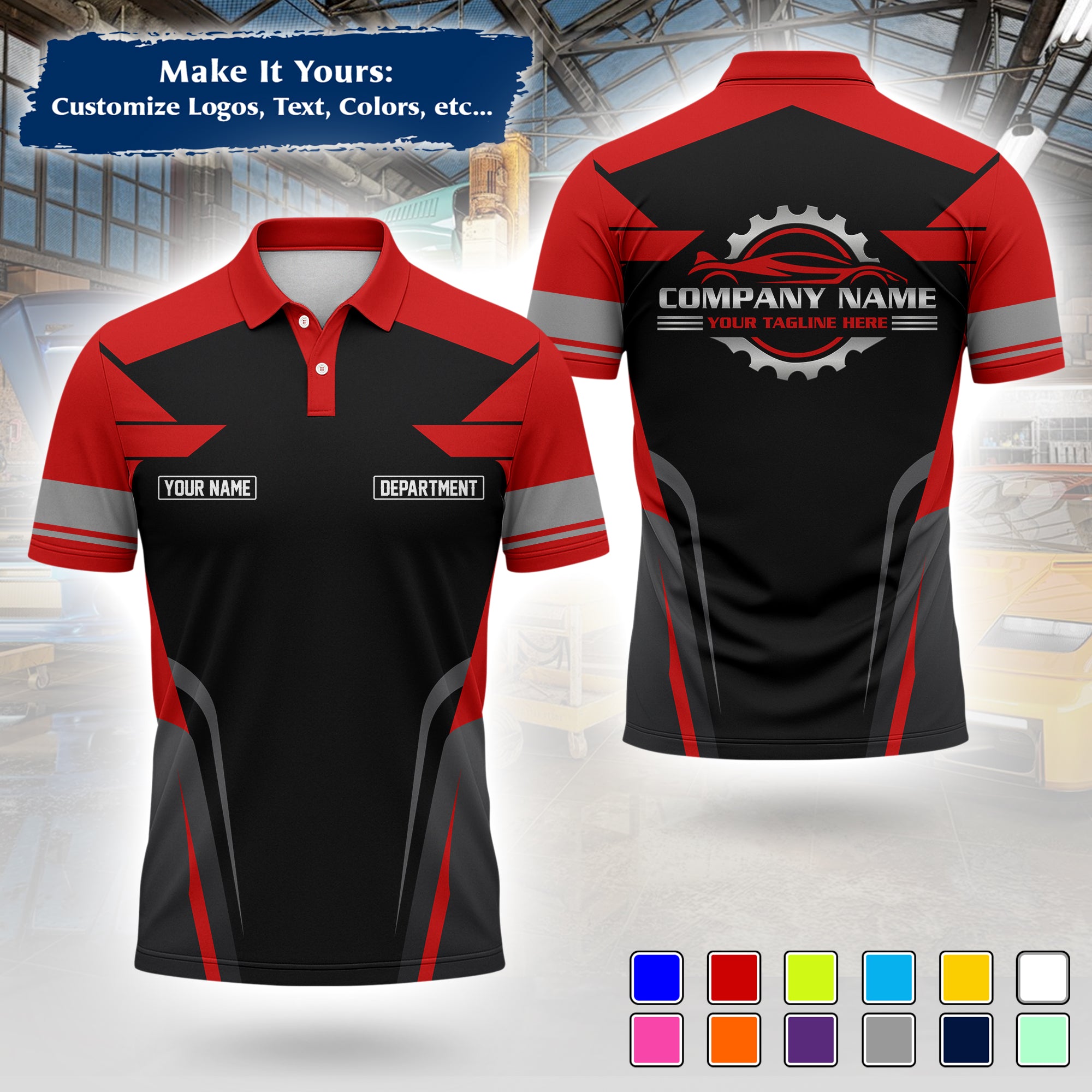 Custom Auto Mechanic Polo Uniform | Embroidered Garage Logo, Tech Name & Phone MCNPL01