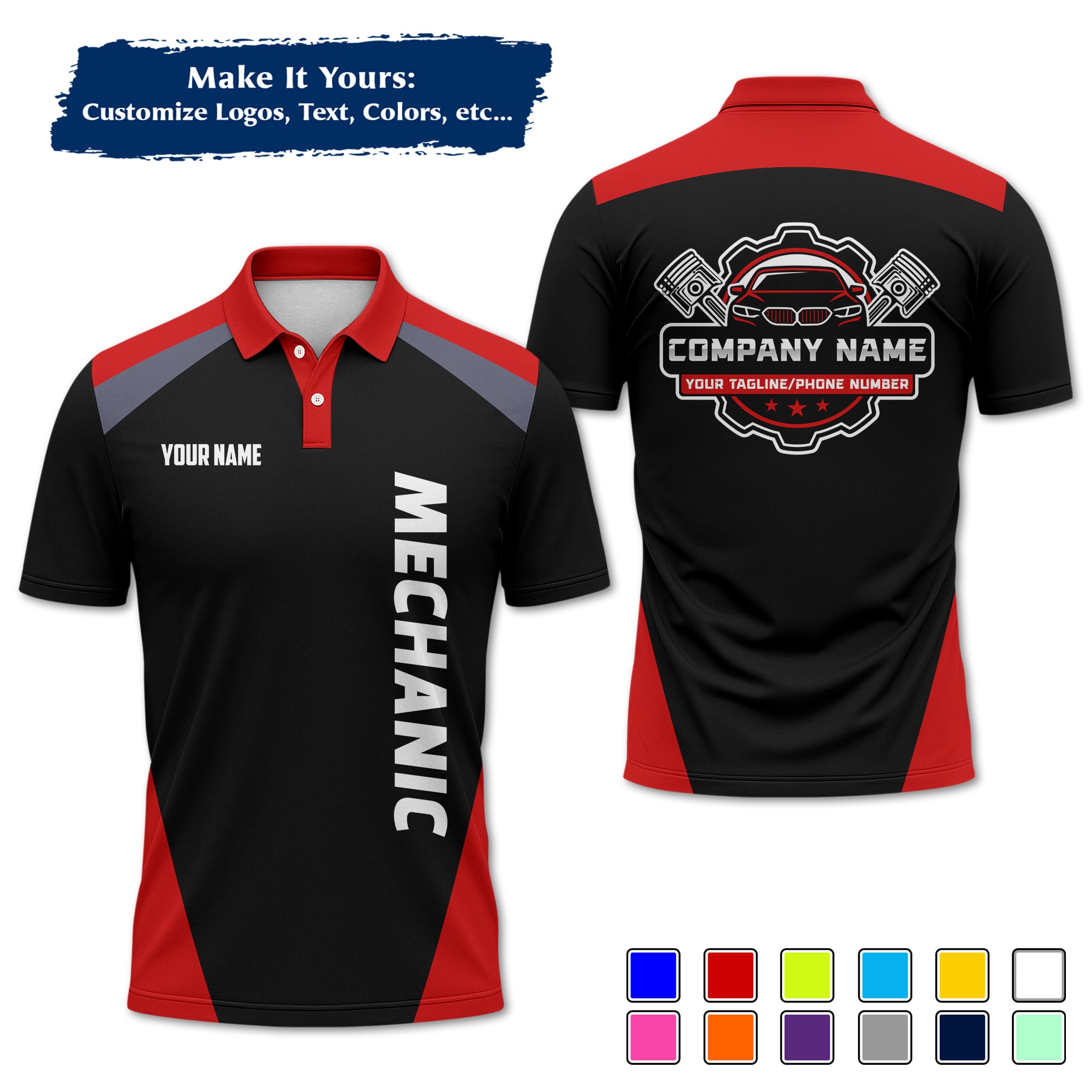 Custom Auto Mechanic Polo Uniform, Garage Logo, Tech Name & Phone MCNPL03