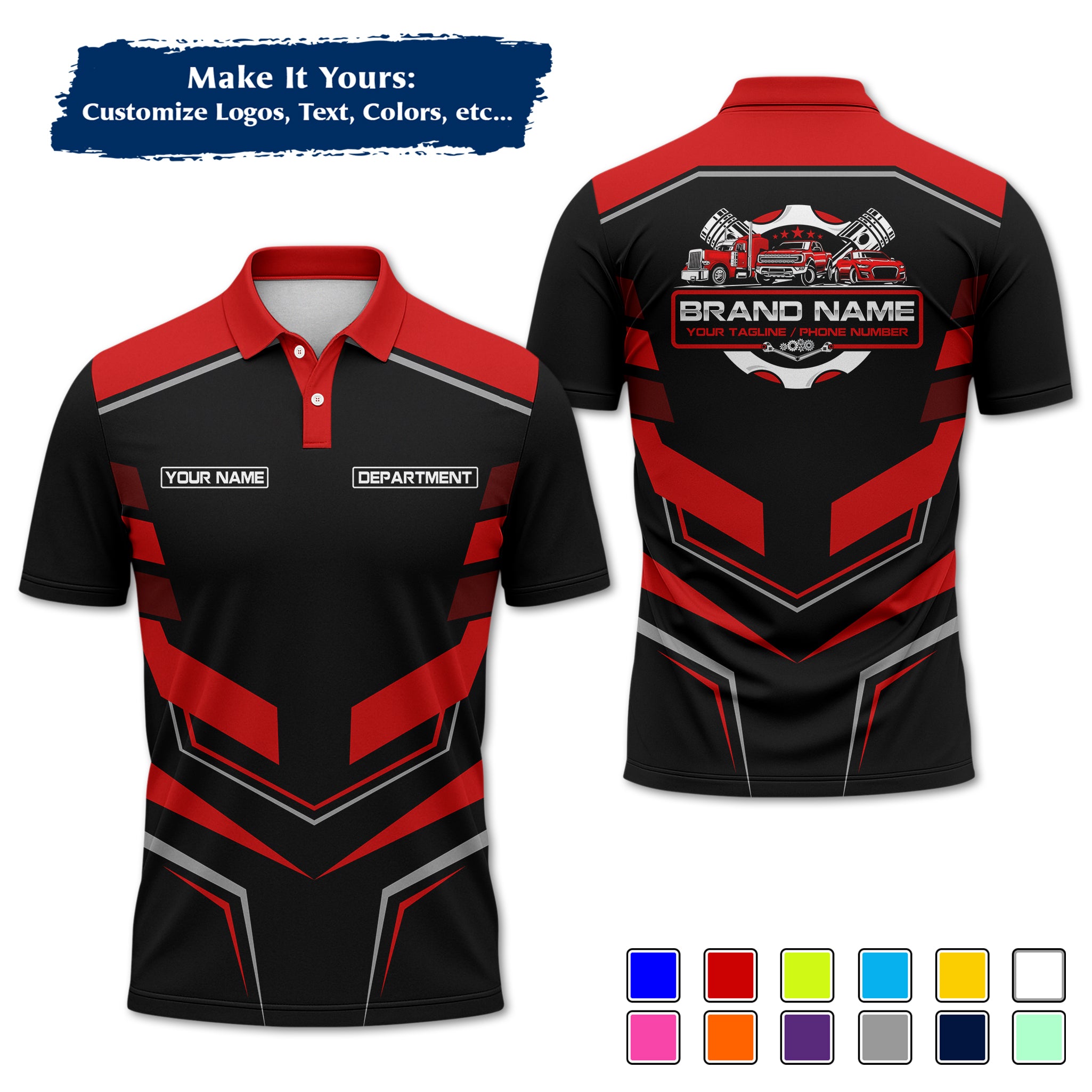 Custom Auto Mechanic Polo Uniform, Garage Logo, Tech Name & Phone MCNPL05
