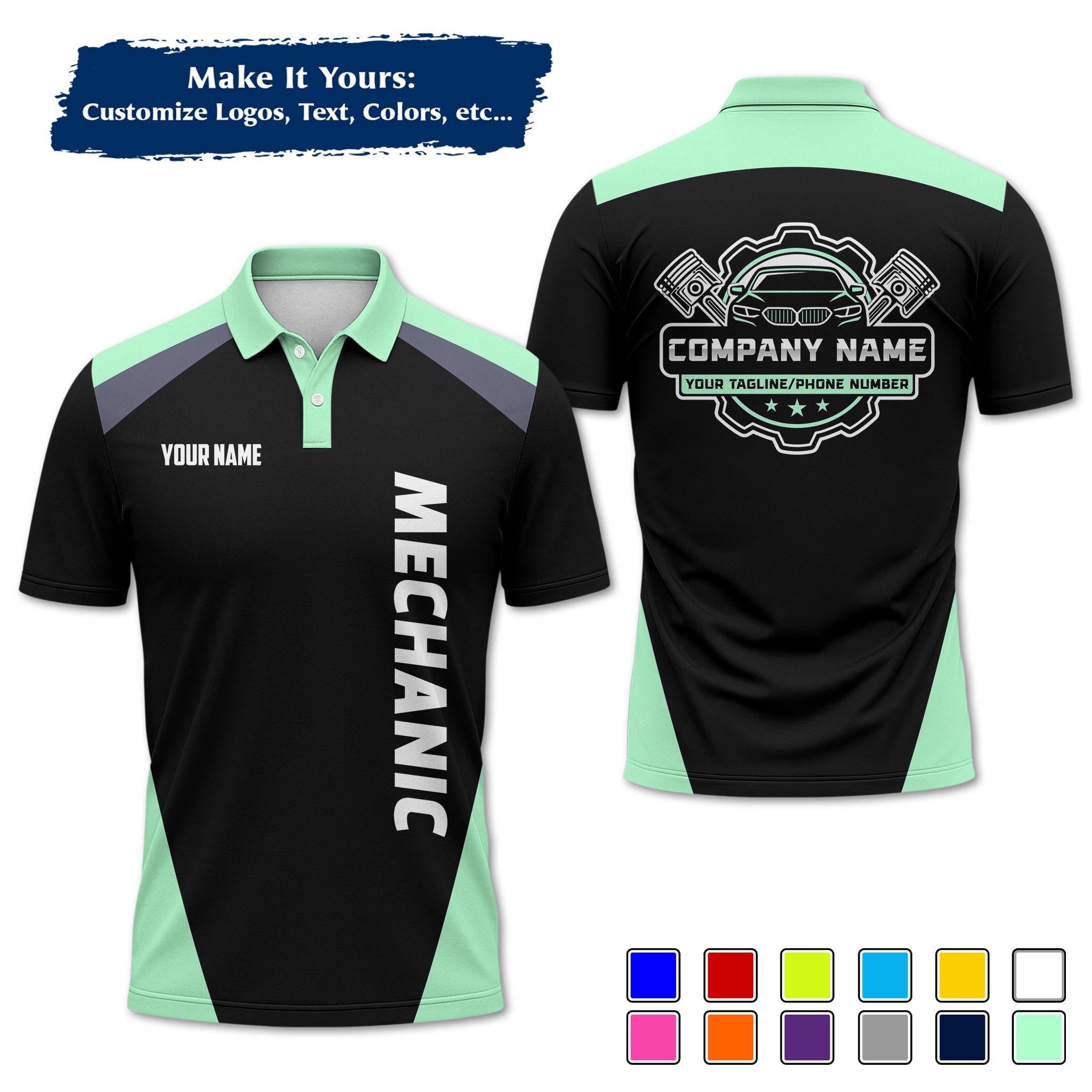 Custom Auto Mechanic Polo Uniform, Garage Logo, Tech Name & Phone MCNPL03