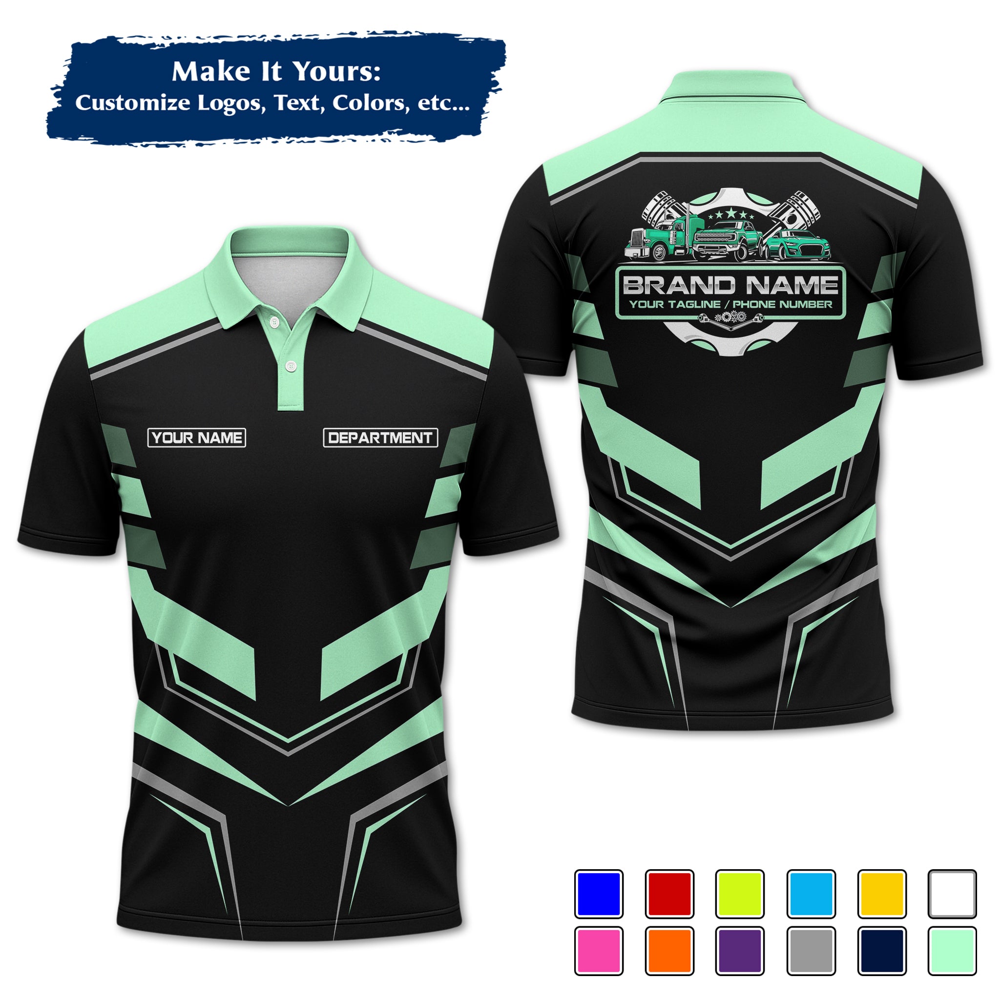 Custom Auto Mechanic Polo Uniform, Garage Logo, Tech Name & Phone MCNPL05