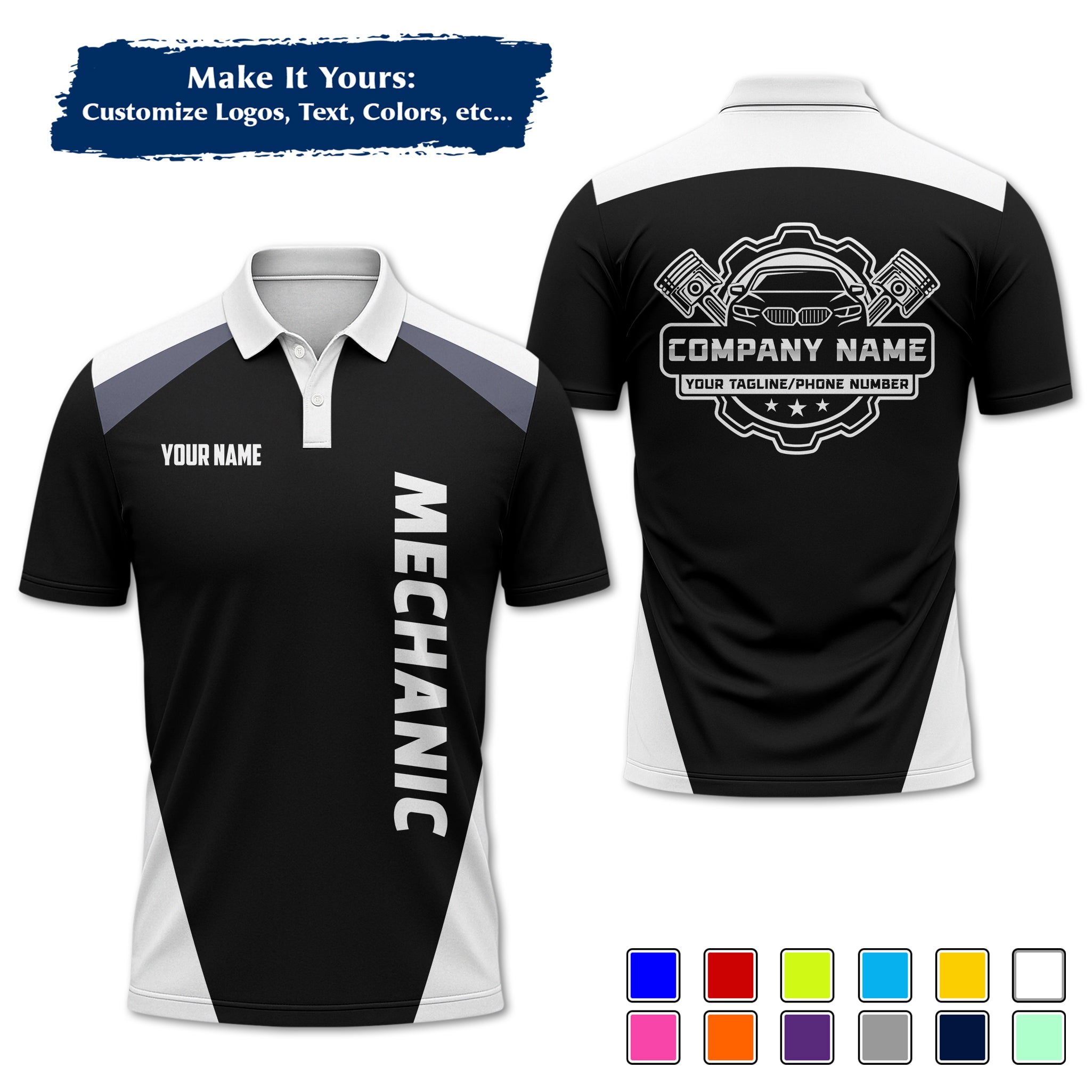 Custom Auto Mechanic Polo Uniform, Garage Logo, Tech Name & Phone MCNPL03