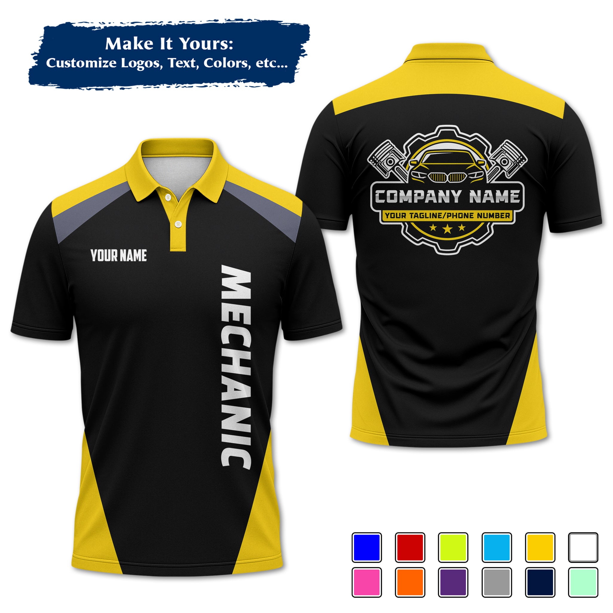 Custom Auto Mechanic Polo Uniform, Garage Logo, Tech Name & Phone MCNPL03