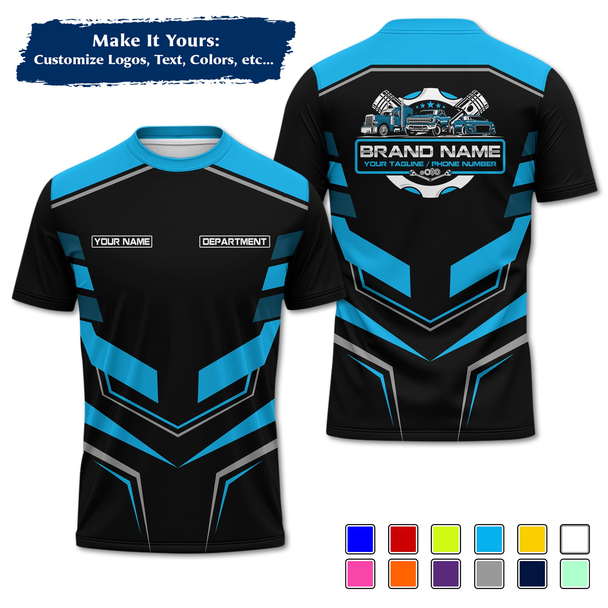 Custom Auto Mechanic Uniform T-Shirt, Personalized Garage Logo, Tech Name & Phone MCNTS05