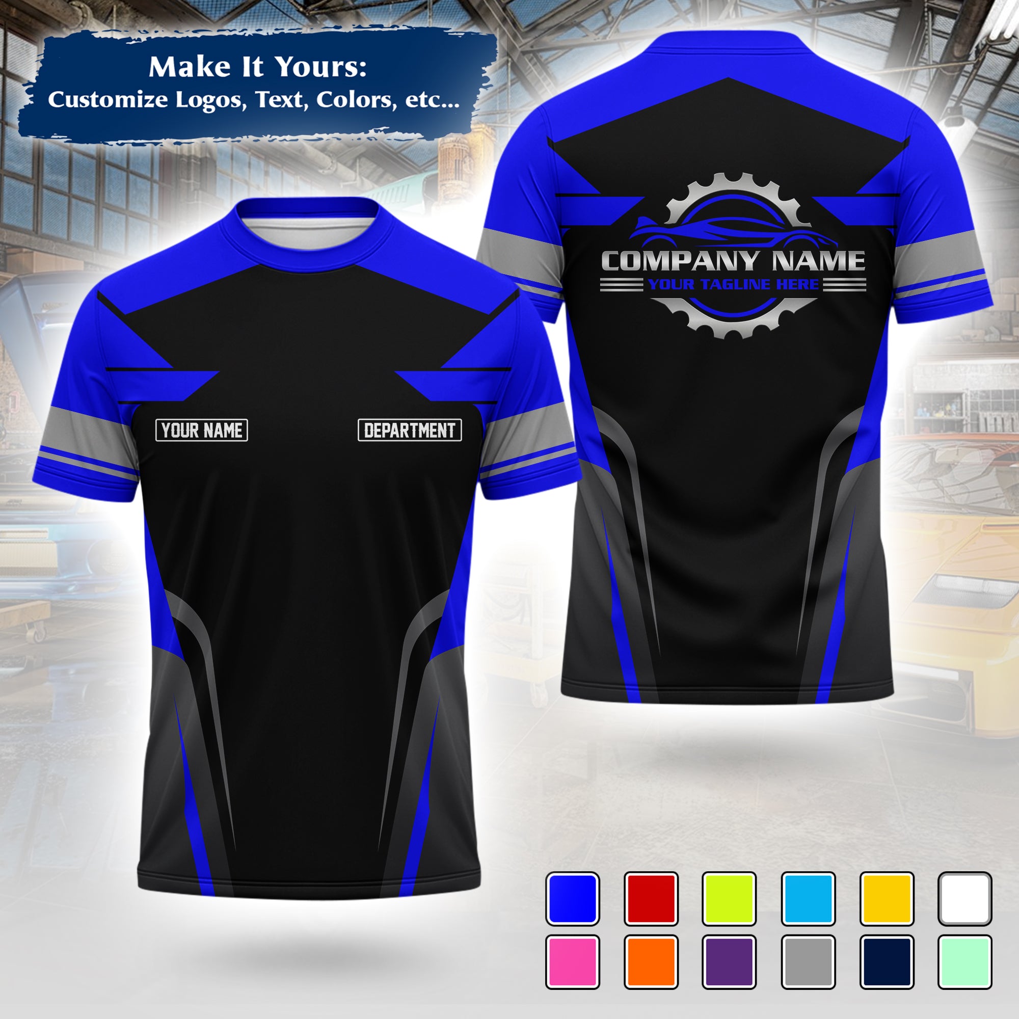 Custom Auto Mechanic Uniform T-Shirt, Personalized Garage Logo, Tech Name & Phone MCNTS01