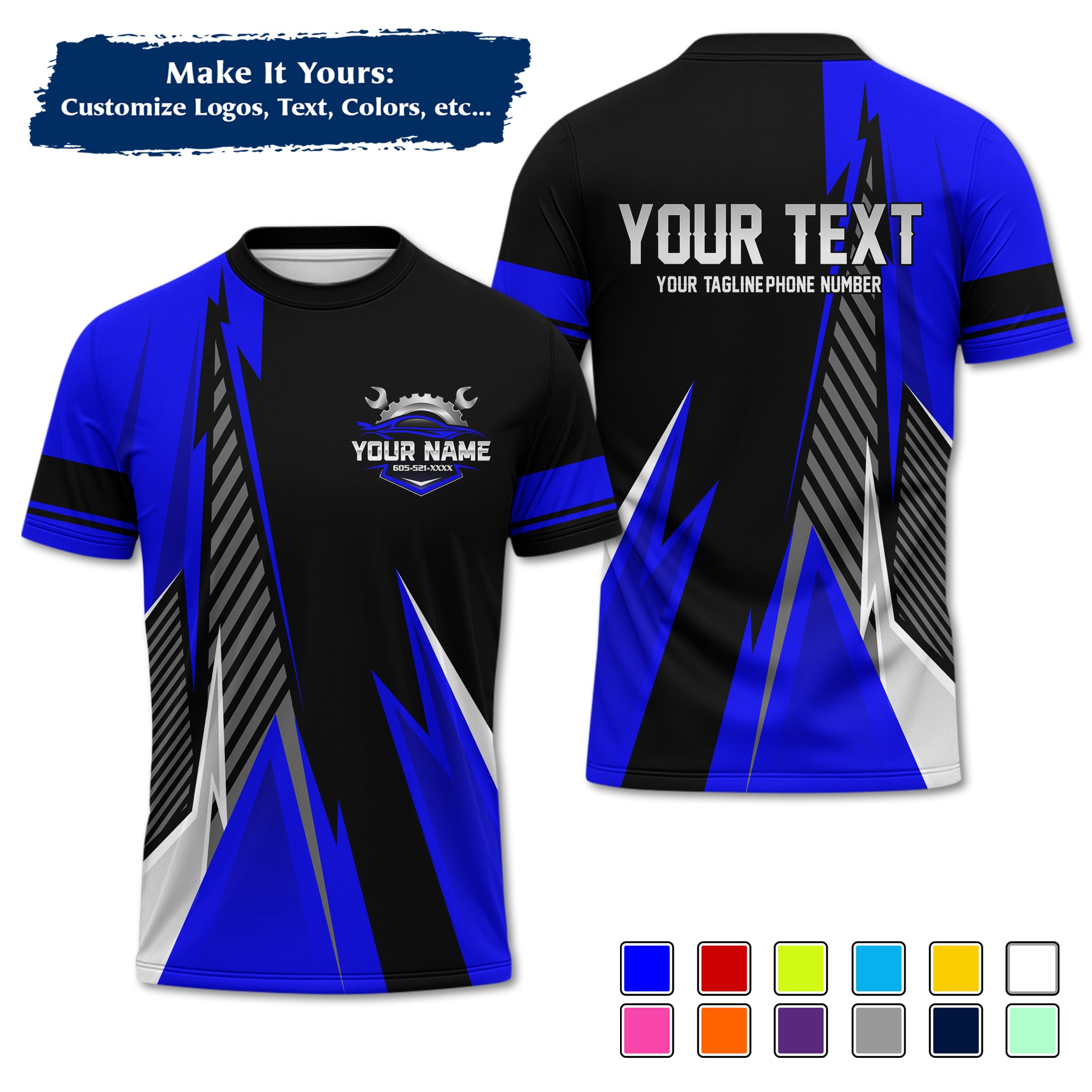 Custom Auto Mechanic Uniform T-Shirt, Personalized Garage Logo, Tech Name & Phone MCNTS02