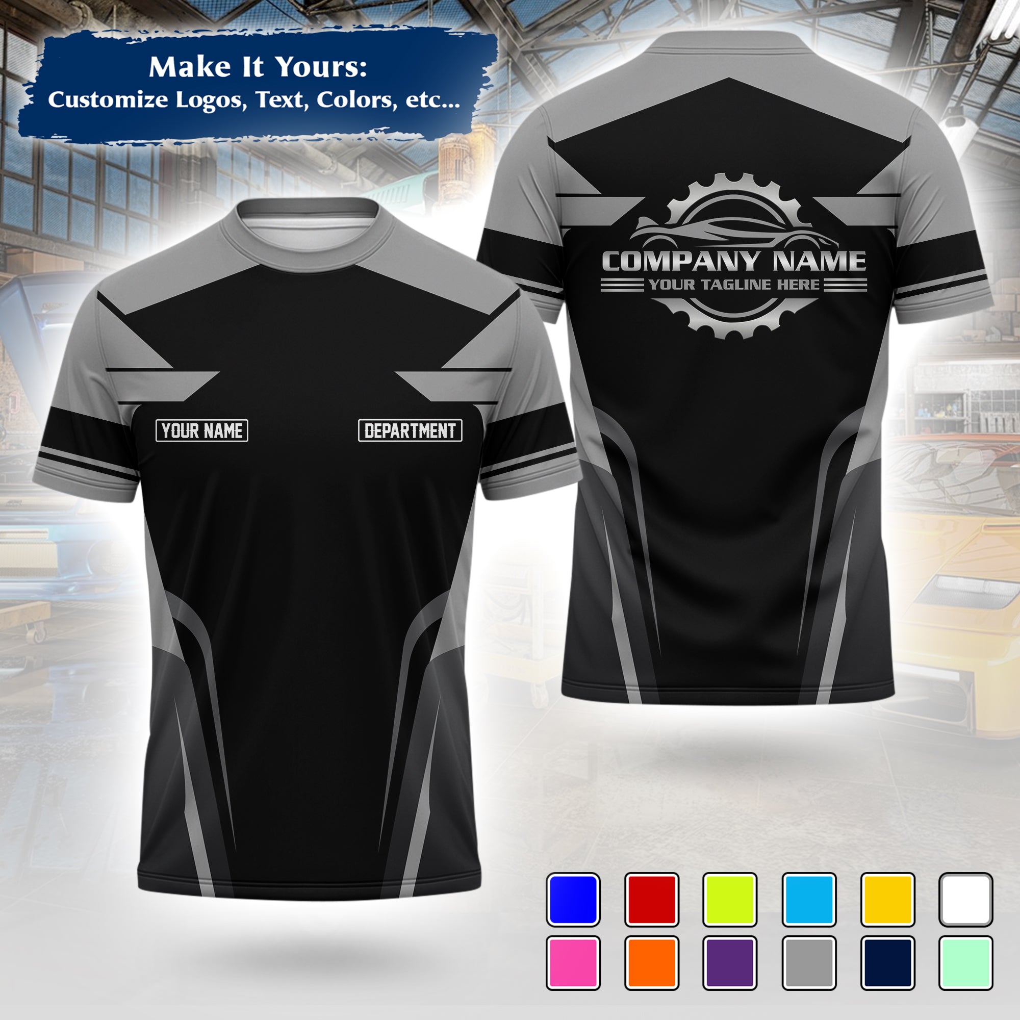 Custom Auto Mechanic Uniform T-Shirt, Personalized Garage Logo, Tech Name & Phone MCNTS01