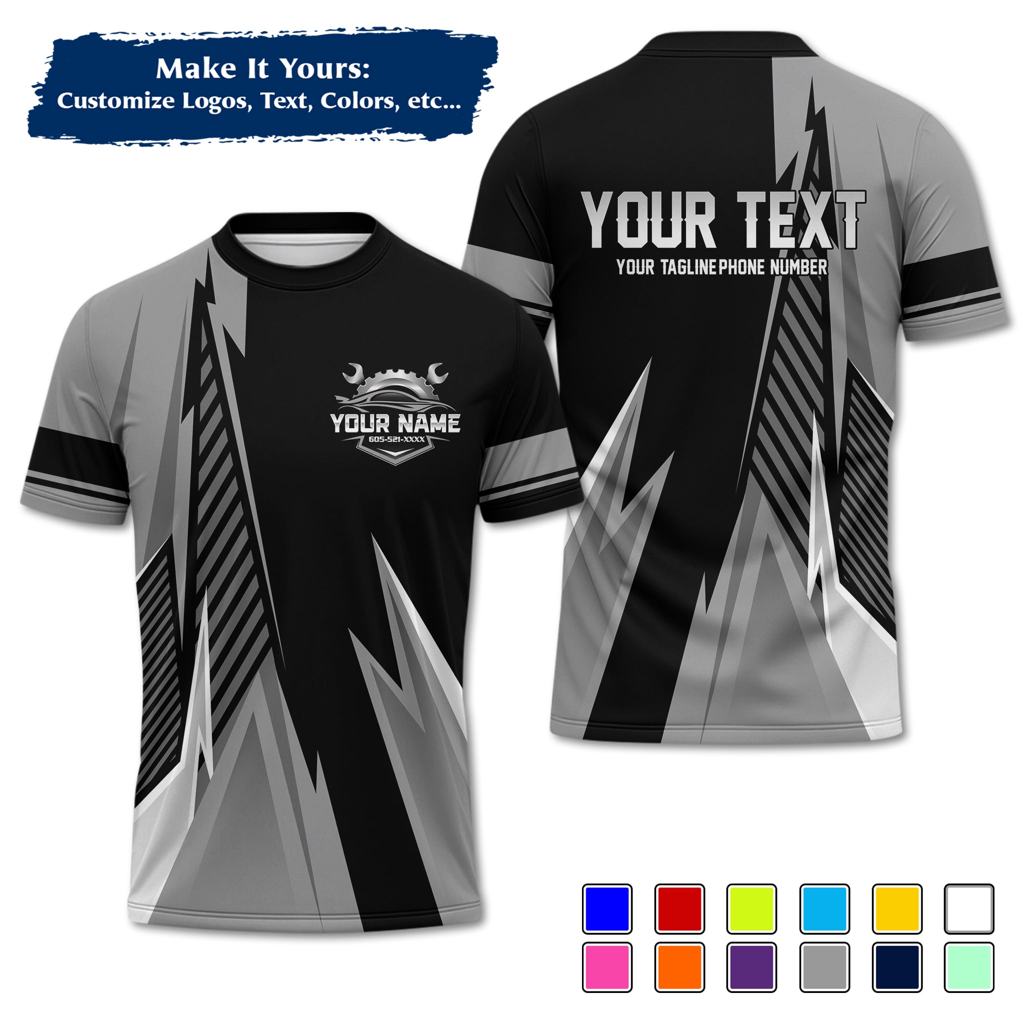 Custom Auto Mechanic Uniform T-Shirt, Personalized Garage Logo, Tech Name & Phone MCNTS02