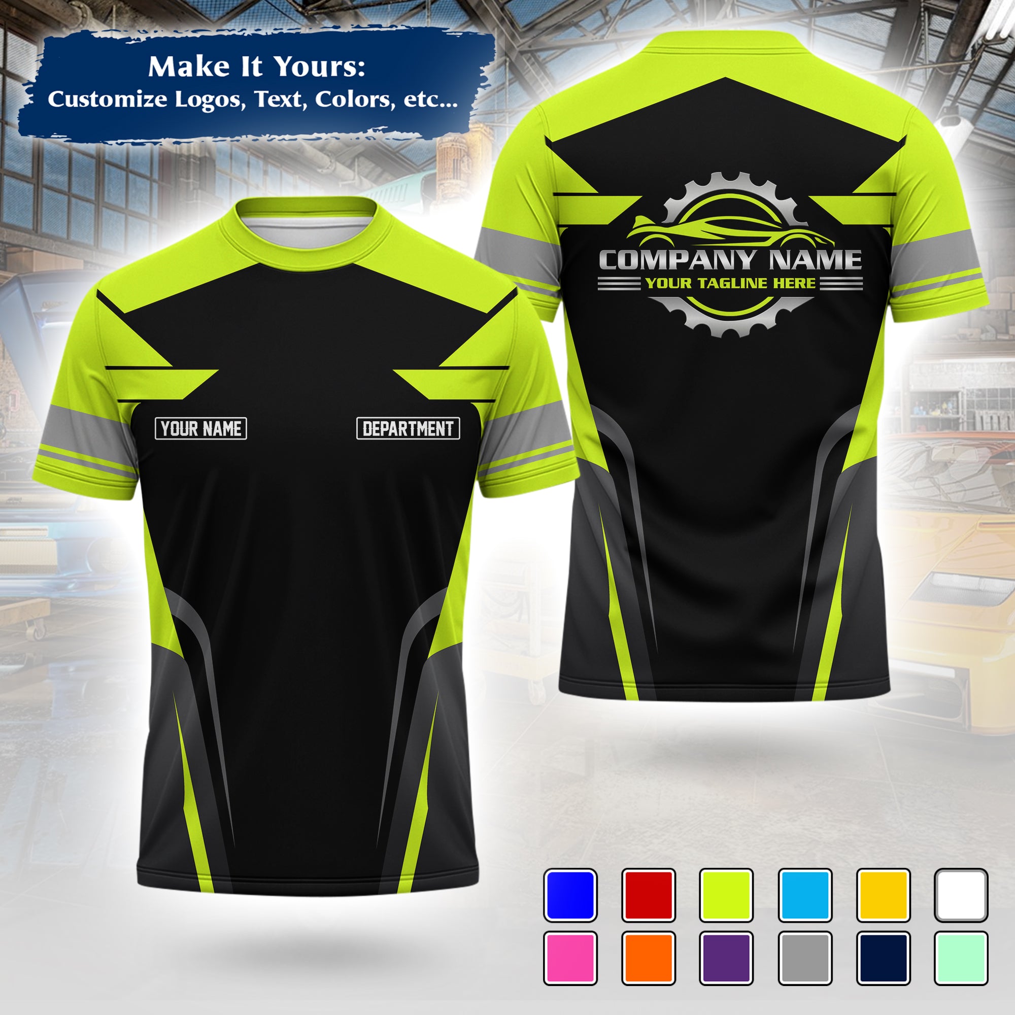 Custom Auto Mechanic Uniform T-Shirt, Personalized Garage Logo, Tech Name & Phone MCNTS01