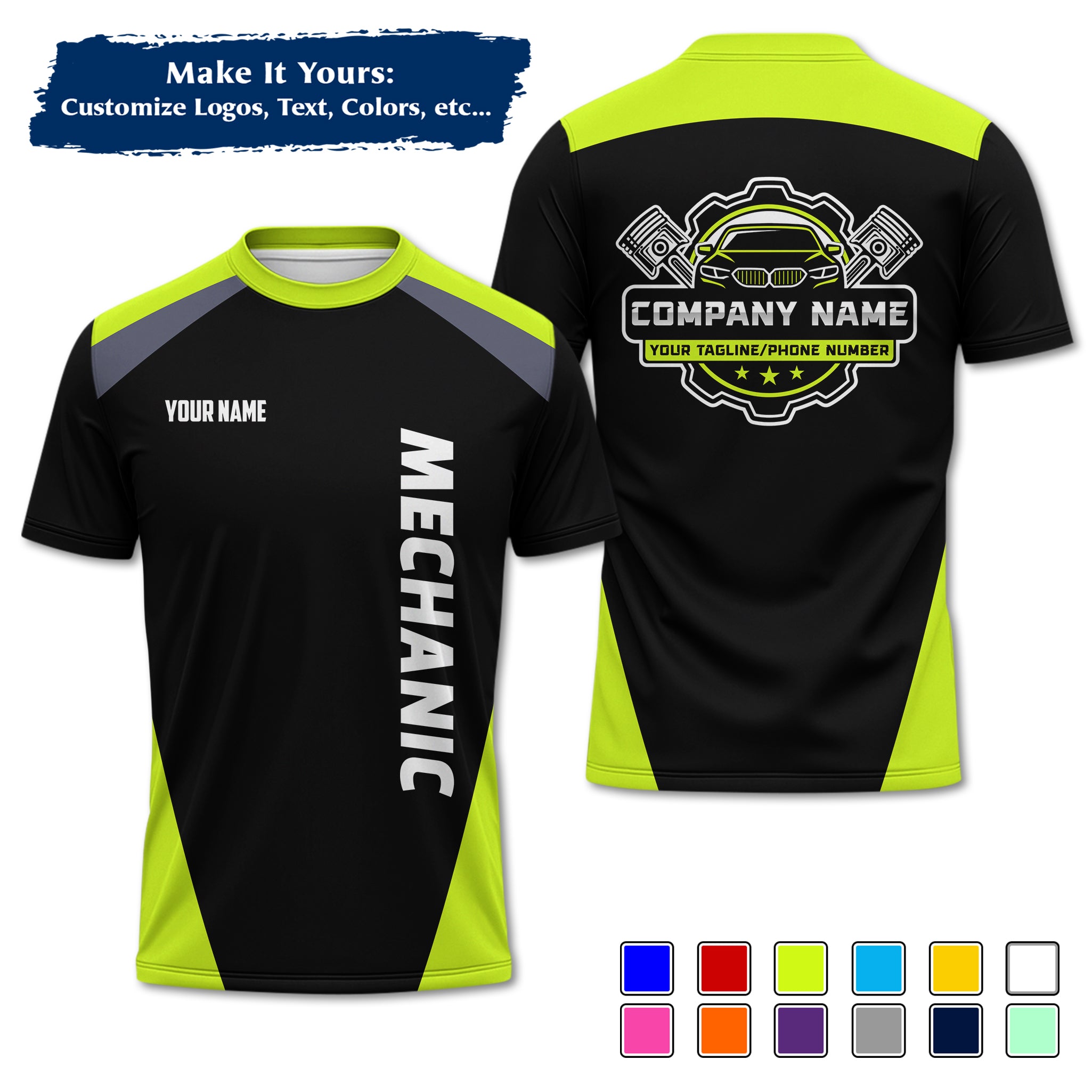 Custom Auto Mechanic Uniform T-Shirt, Personalized Garage Logo, Tech Name & Phone MCNTS03