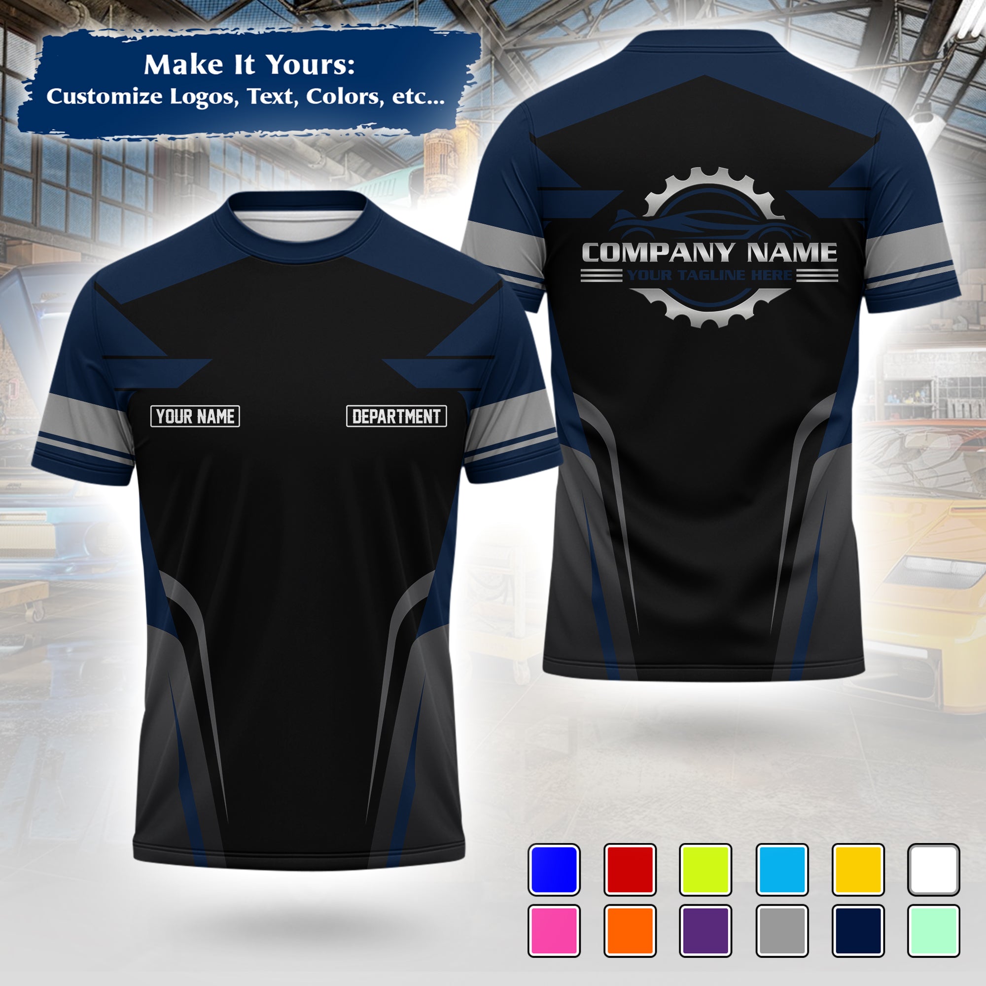 Custom Auto Mechanic Uniform T-Shirt, Personalized Garage Logo, Tech Name & Phone MCNTS01