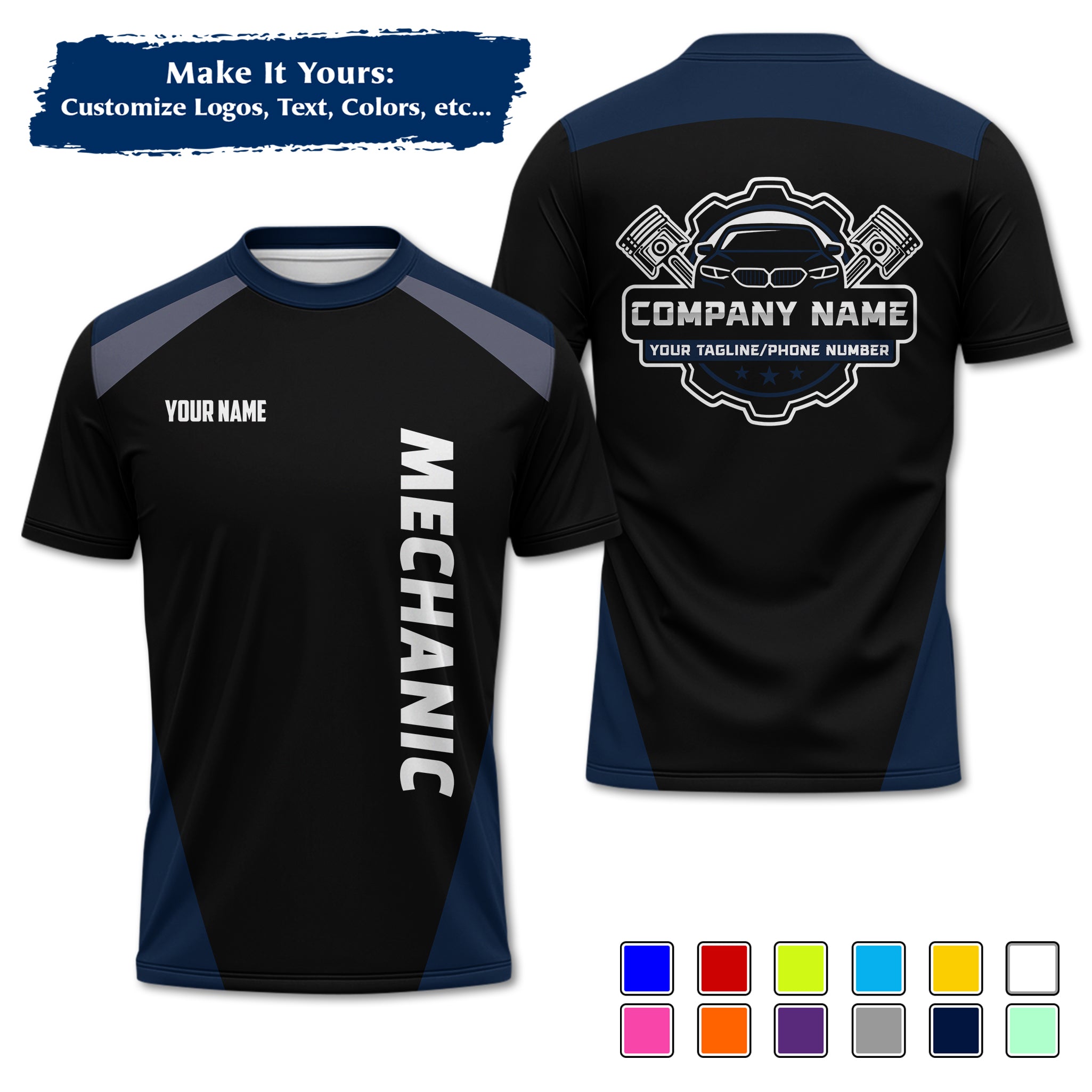 Custom Auto Mechanic Uniform T-Shirt, Personalized Garage Logo, Tech Name & Phone MCNTS03