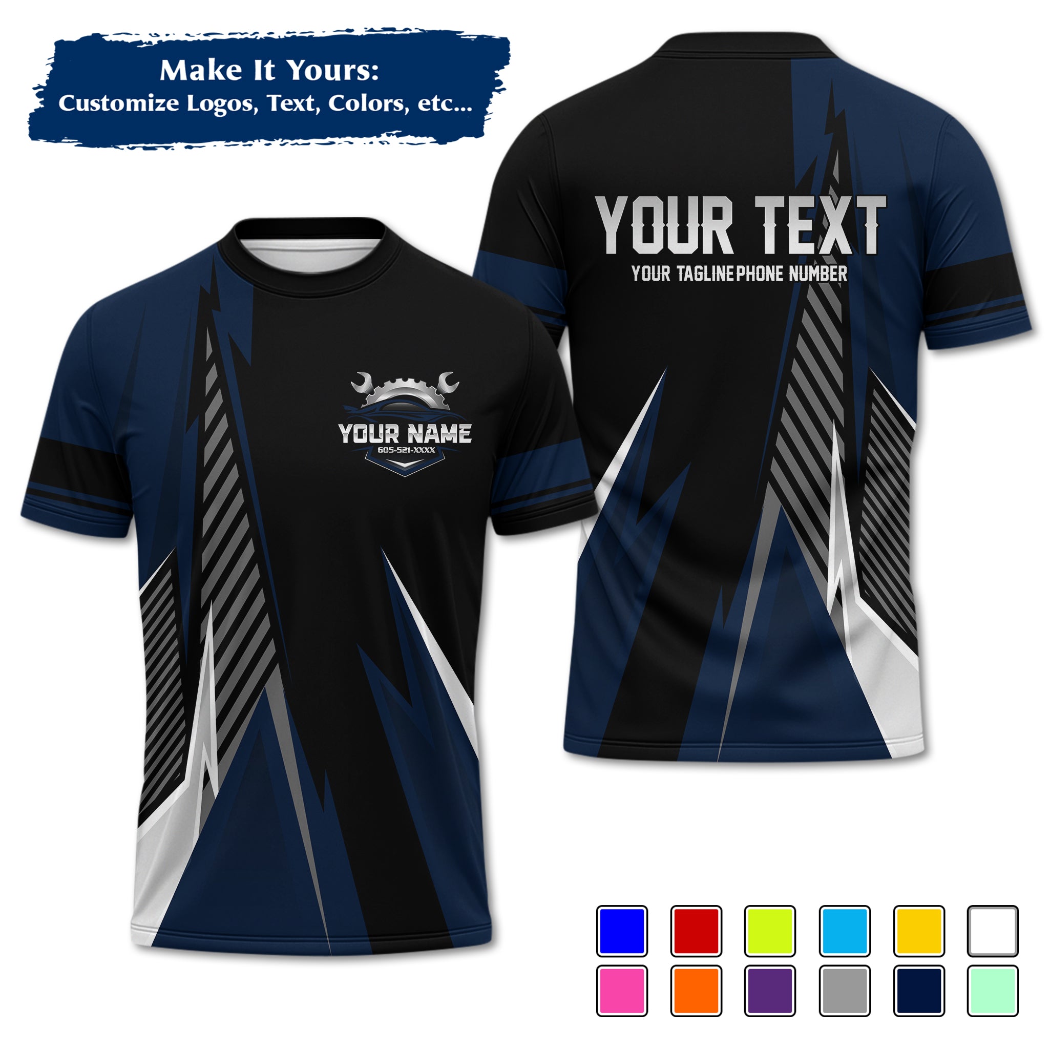 Custom Auto Mechanic Uniform T-Shirt, Personalized Garage Logo, Tech Name & Phone MCNTS02