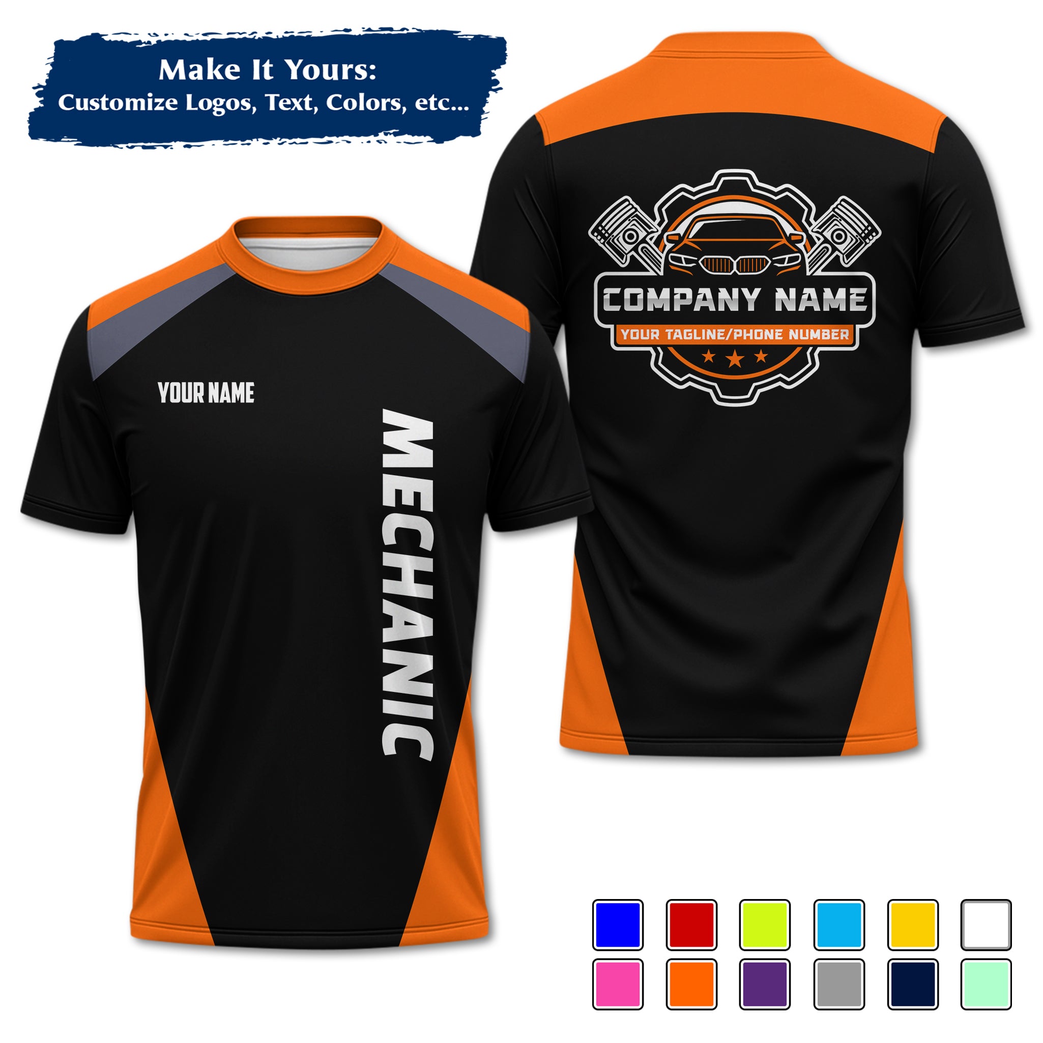 Custom Auto Mechanic Uniform T-Shirt, Personalized Garage Logo, Tech Name & Phone MCNTS03