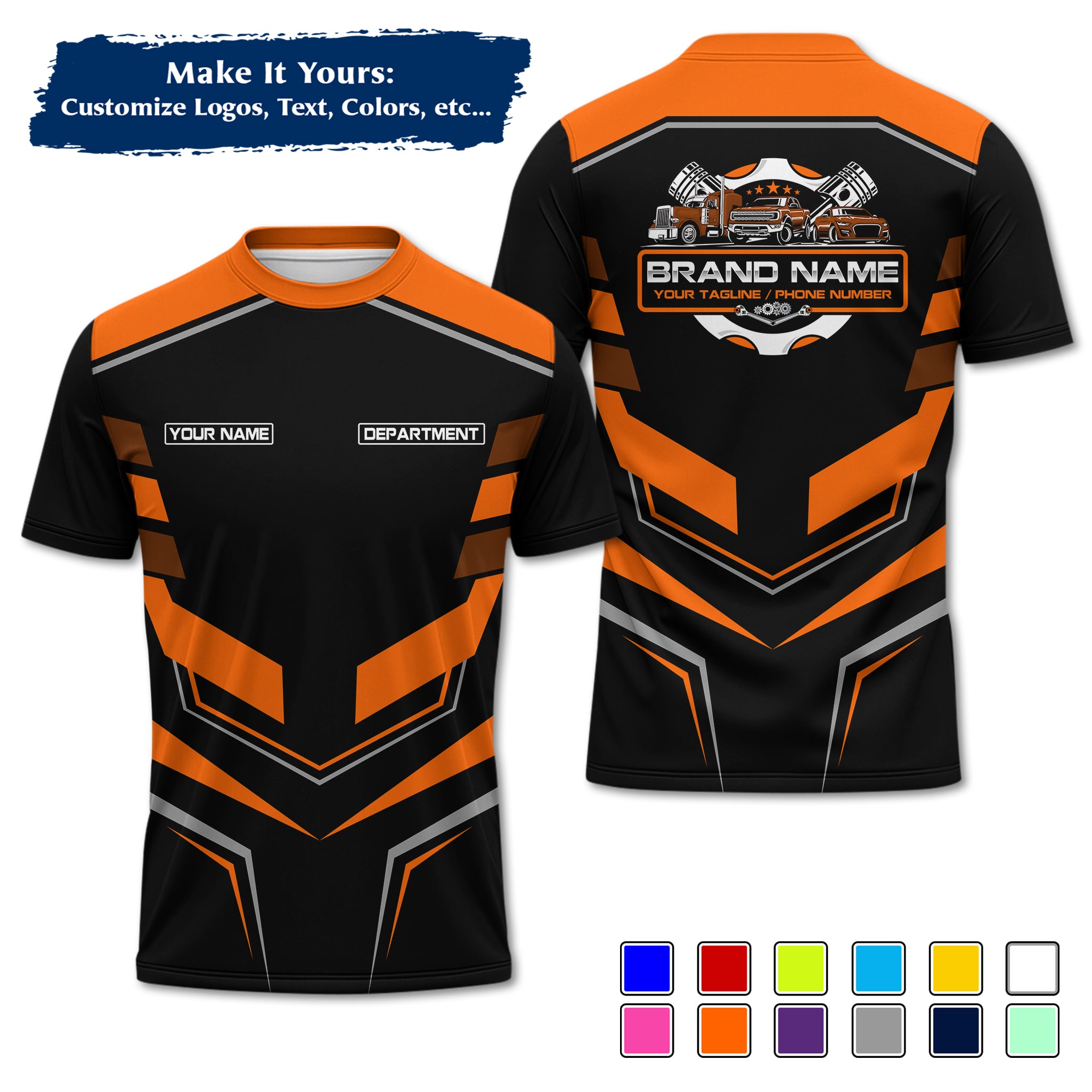 Custom Auto Mechanic Uniform T-Shirt, Personalized Garage Logo, Tech Name & Phone MCNTS05