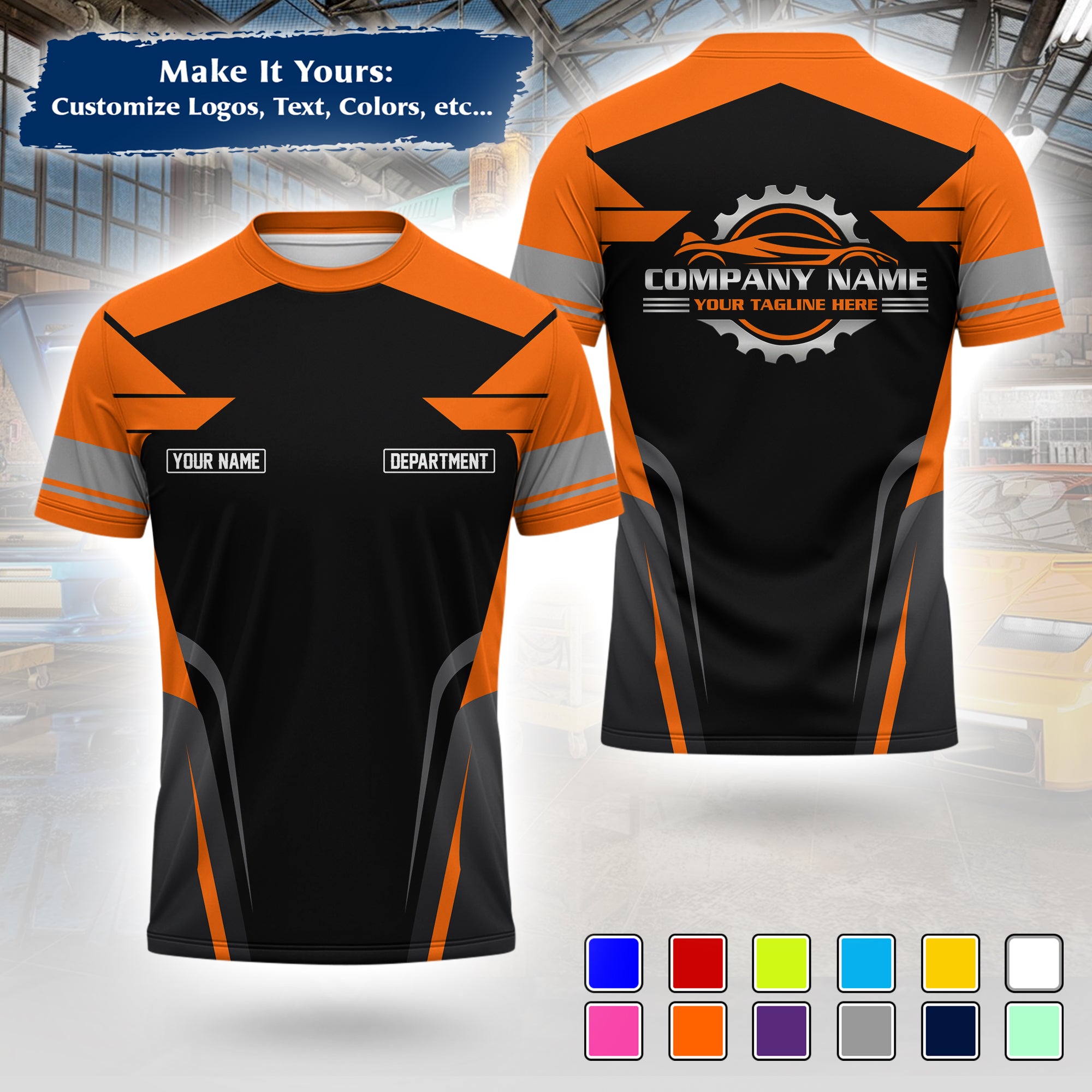 Custom Auto Mechanic Uniform T-Shirt, Personalized Garage Logo, Tech Name & Phone MCNTS01