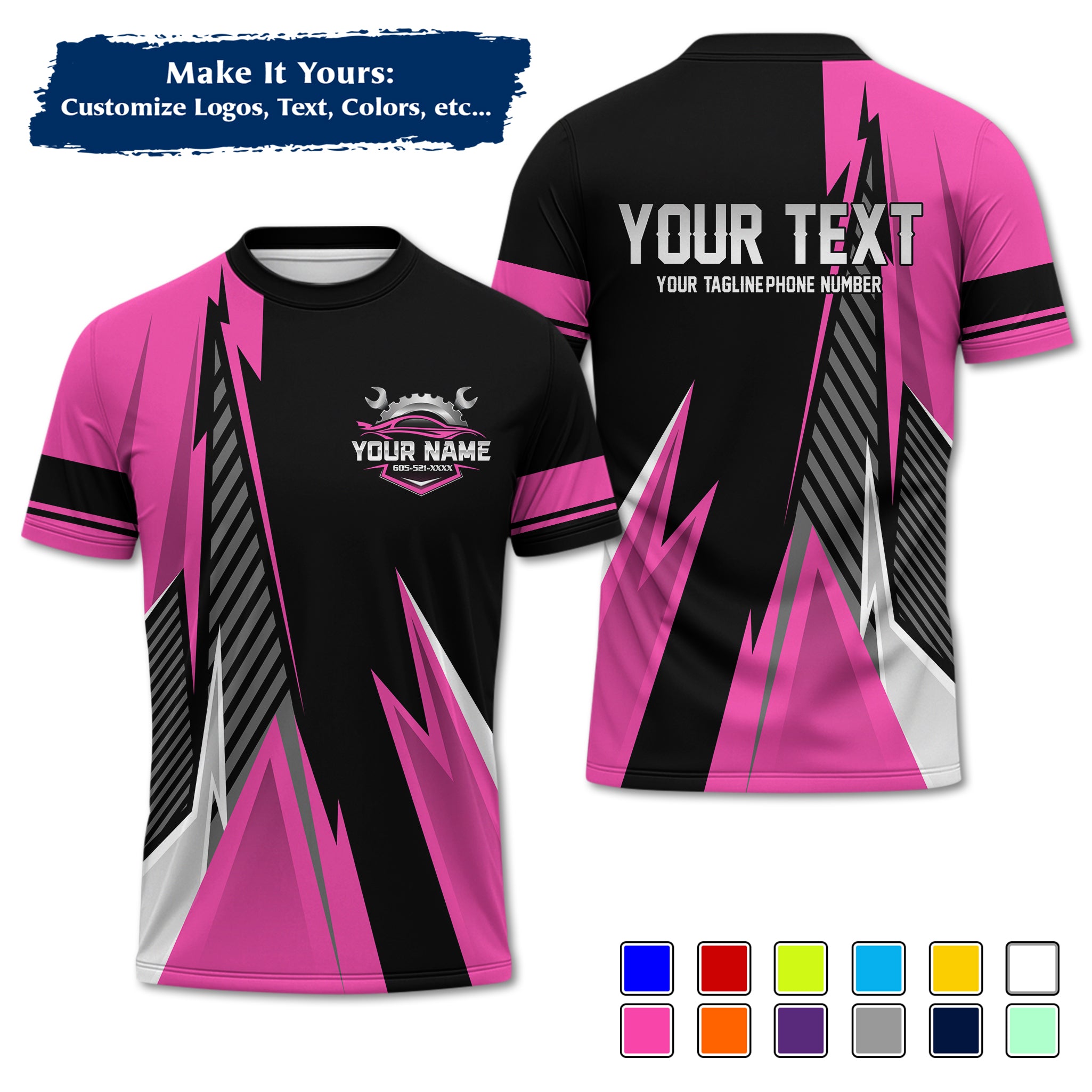 Custom Auto Mechanic Uniform T-Shirt, Personalized Garage Logo, Tech Name & Phone MCNTS02