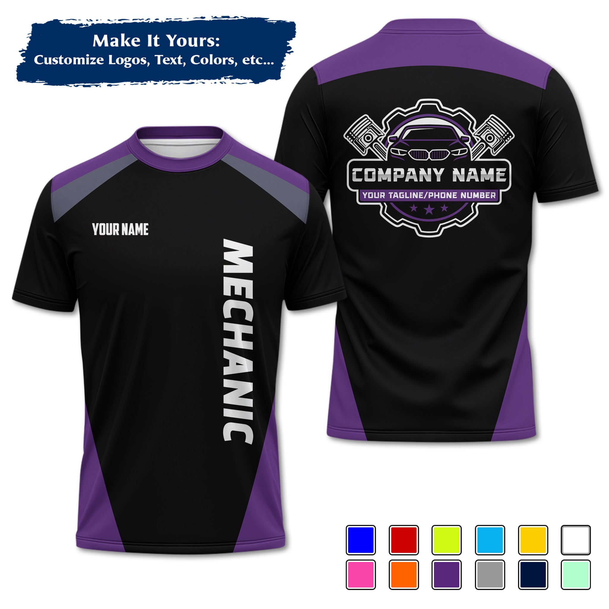 Custom Auto Mechanic Uniform T-Shirt, Personalized Garage Logo, Tech Name & Phone MCNTS03