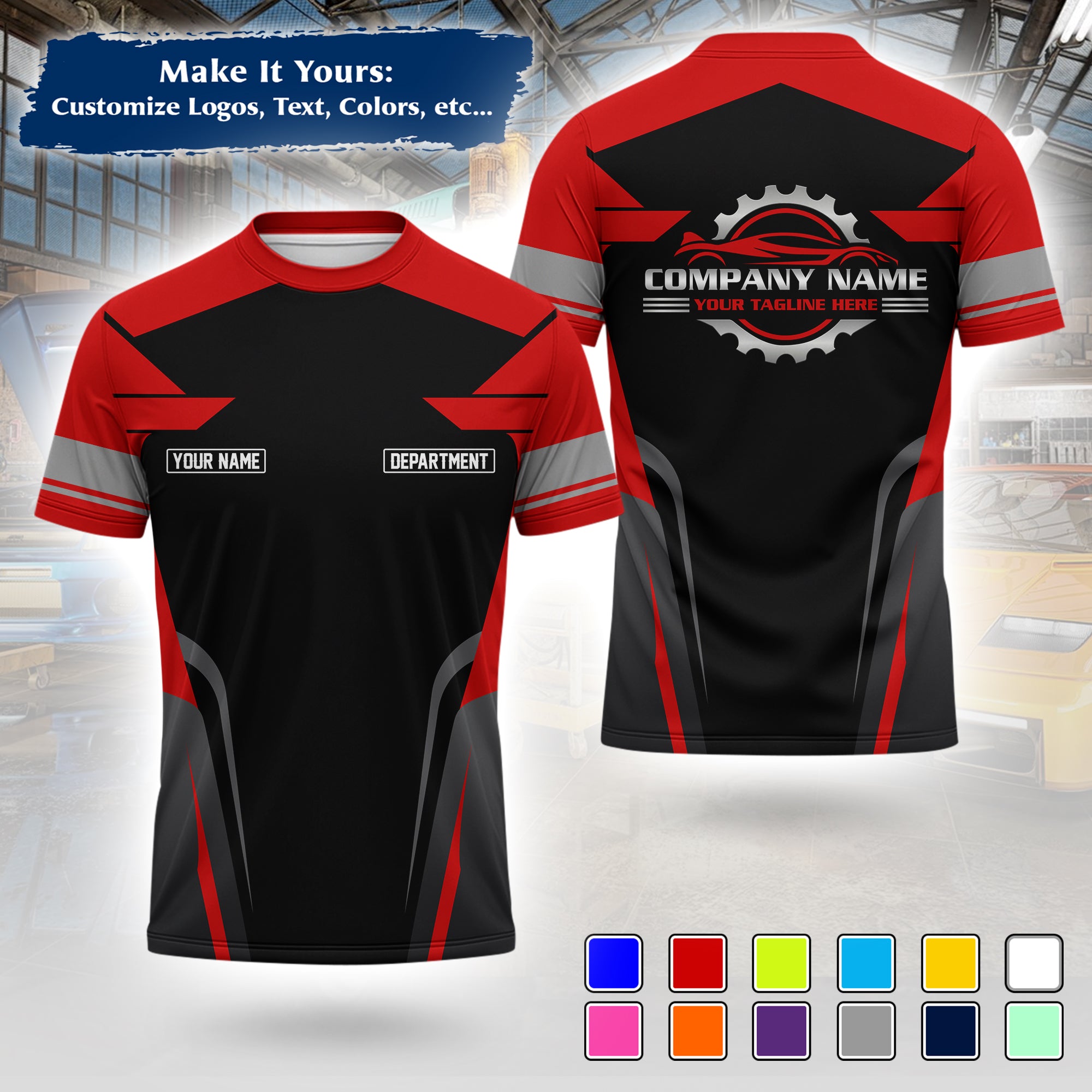 Custom Auto Mechanic Uniform T-Shirt, Personalized Garage Logo, Tech Name & Phone MCNTS01