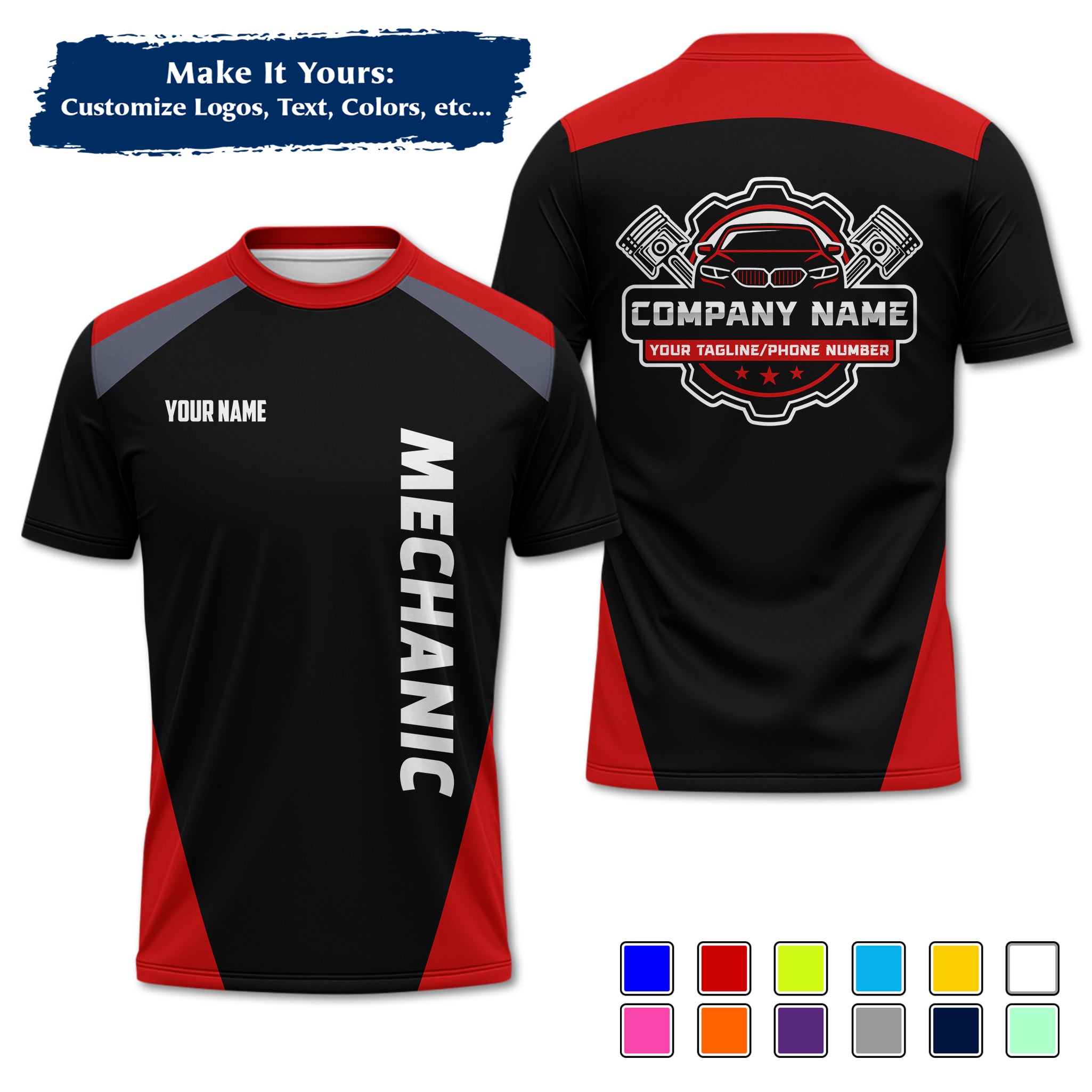 Custom Auto Mechanic Uniform T-Shirt, Personalized Garage Logo, Tech Name & Phone MCNTS03