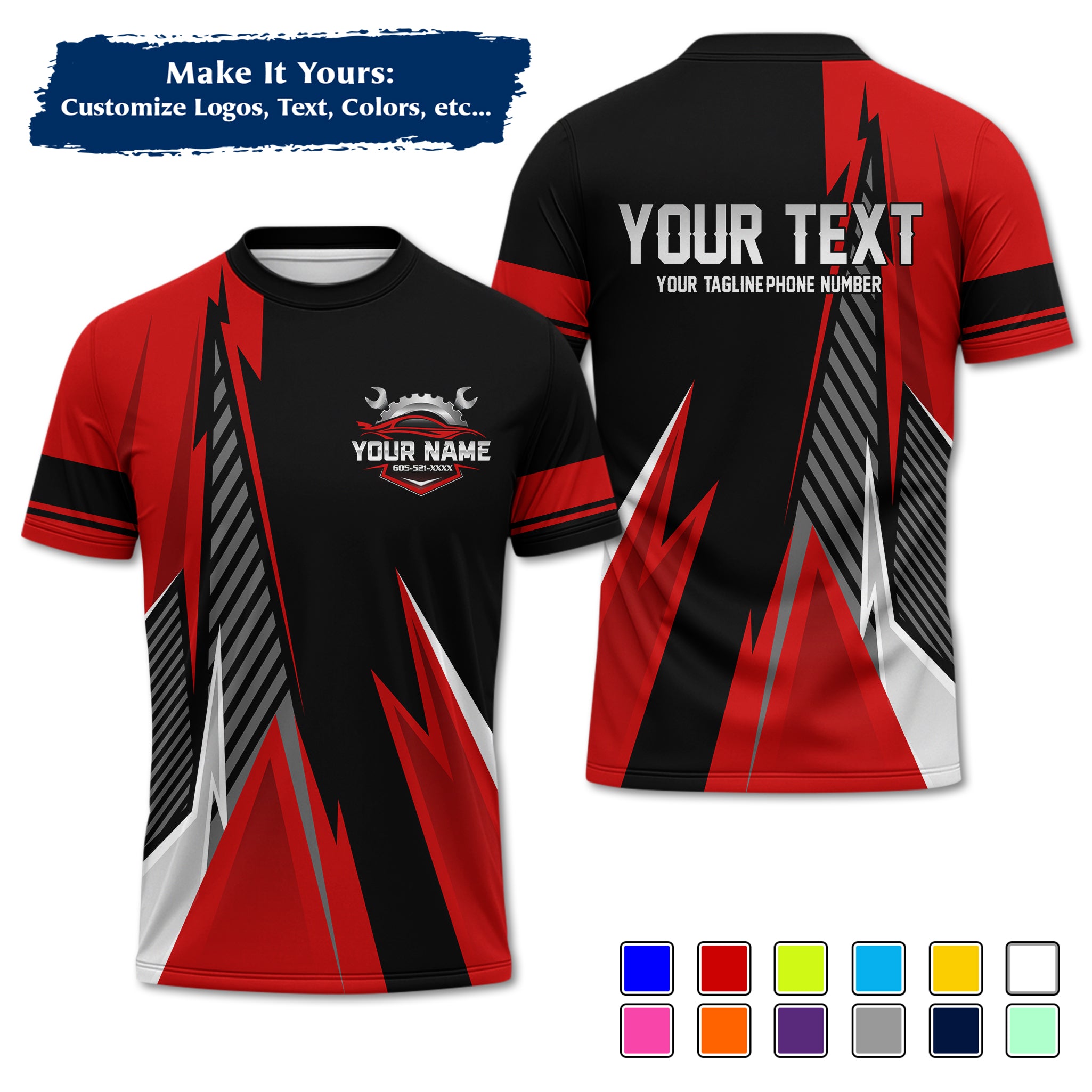 Custom Auto Mechanic Uniform T-Shirt, Personalized Garage Logo, Tech Name & Phone MCNTS02