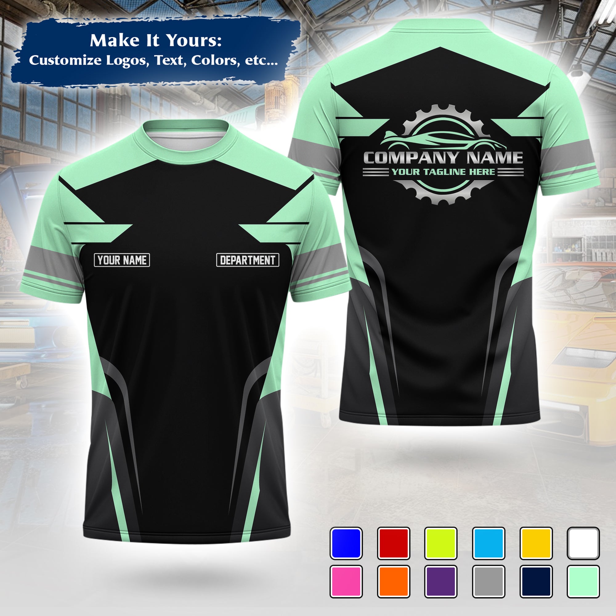 Custom Auto Mechanic Uniform T-Shirt, Personalized Garage Logo, Tech Name & Phone MCNTS01