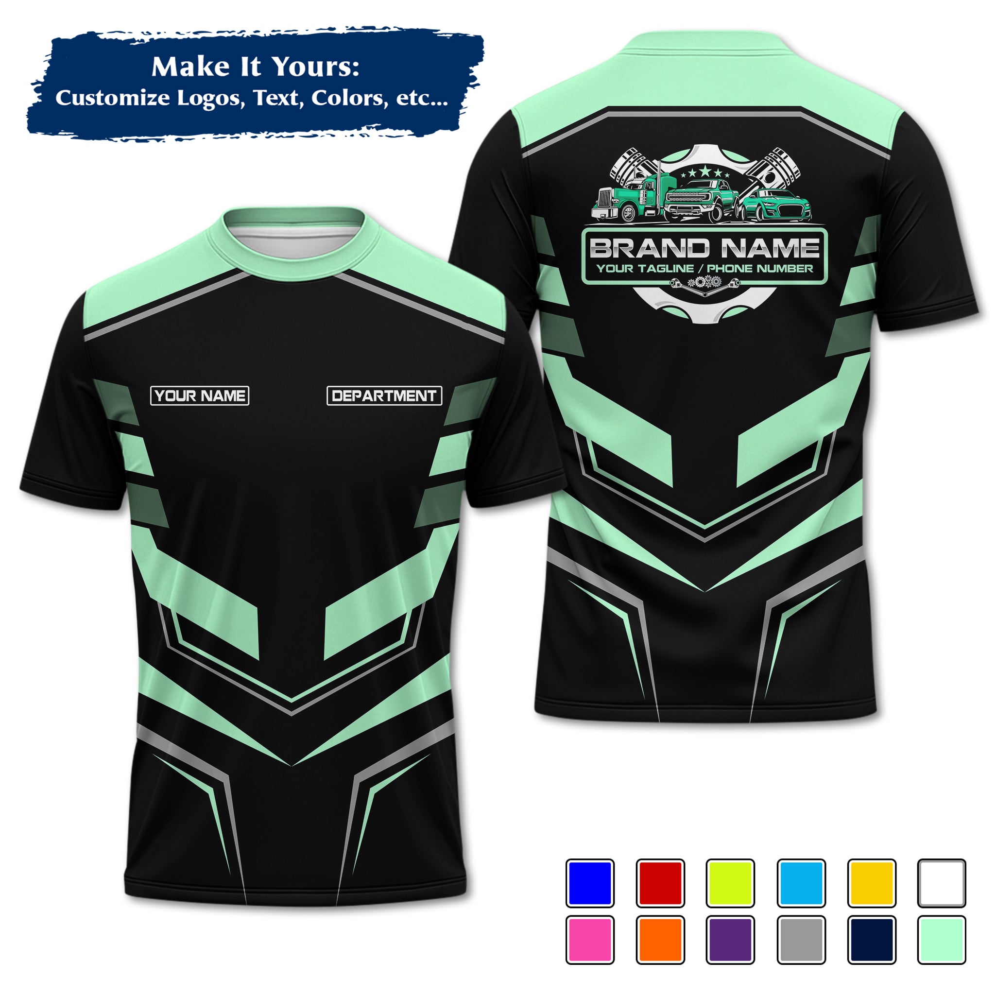 Custom Auto Mechanic Uniform T-Shirt, Personalized Garage Logo, Tech Name & Phone MCNTS05