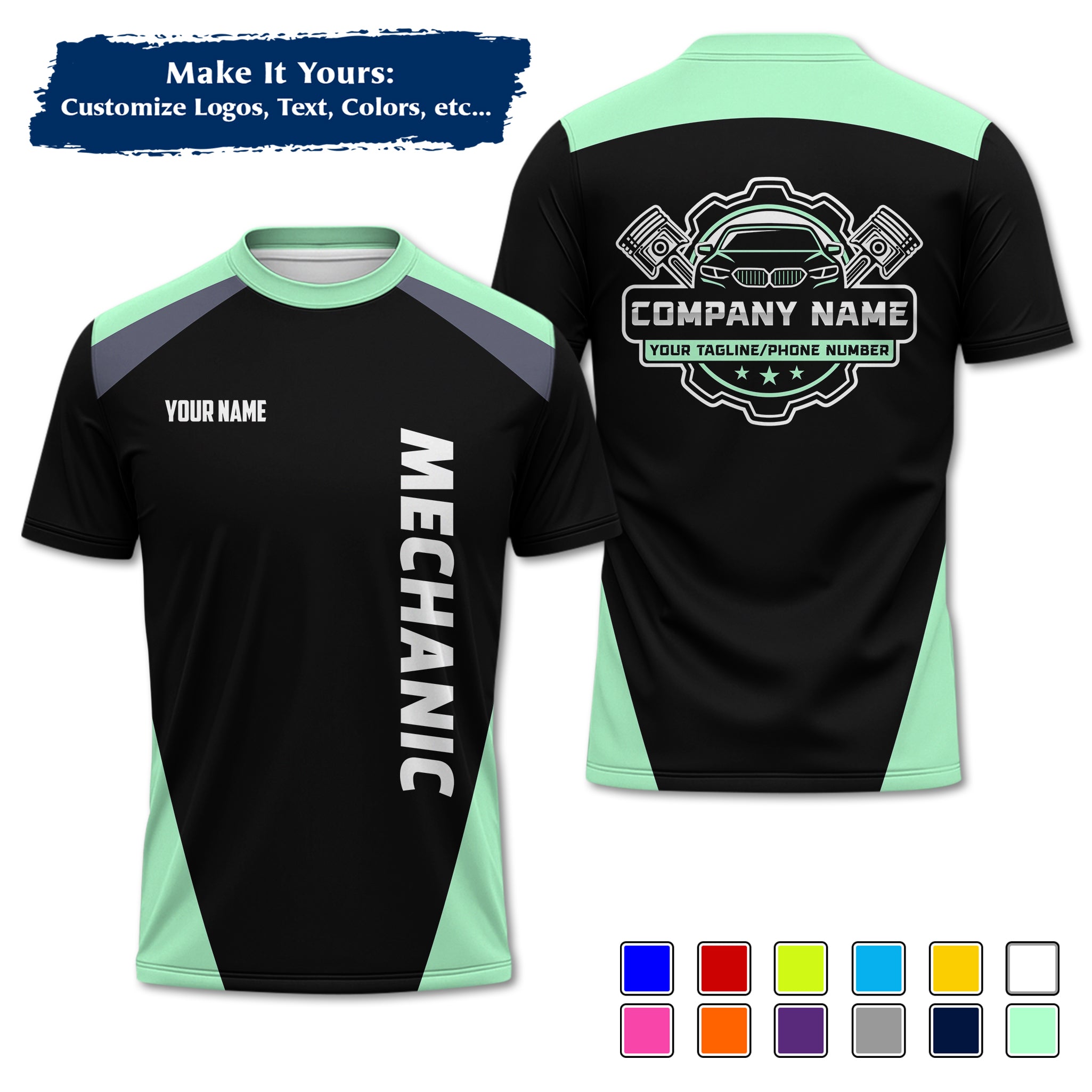 Custom Auto Mechanic Uniform T-Shirt, Personalized Garage Logo, Tech Name & Phone MCNTS03