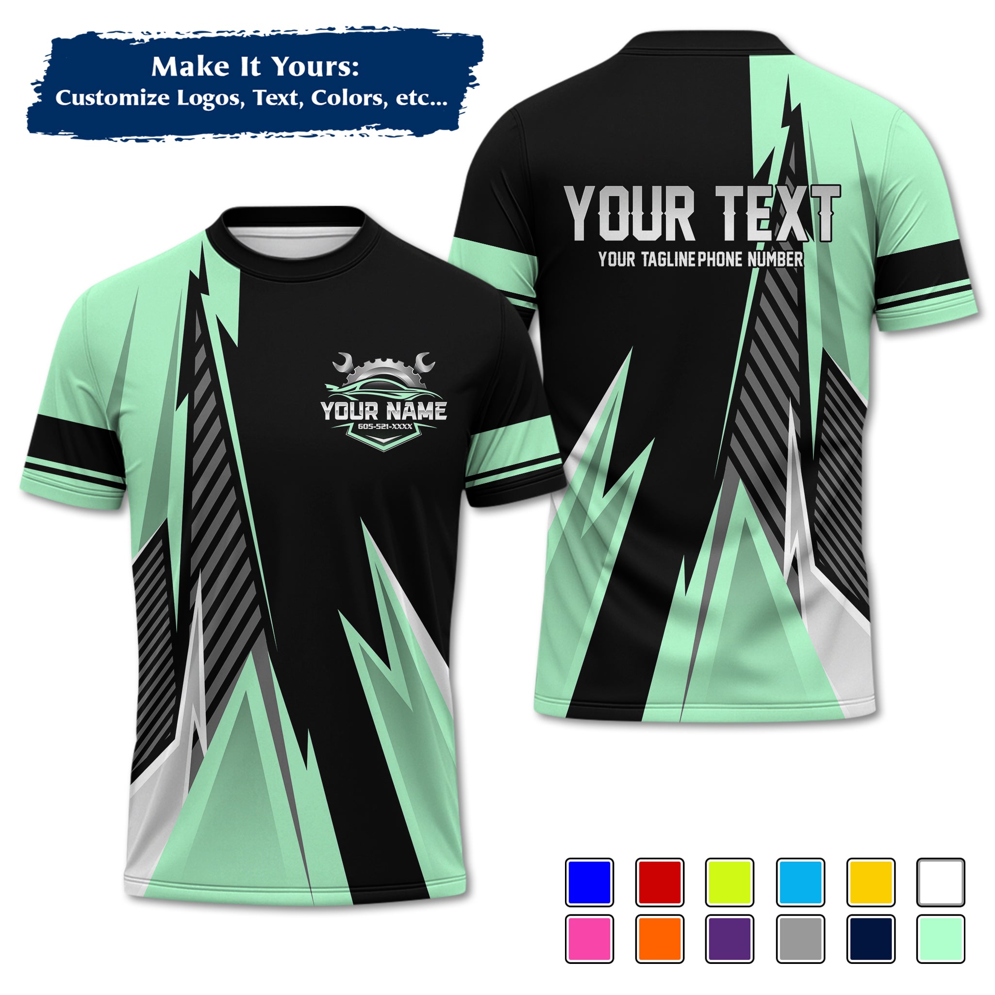 Custom Auto Mechanic Uniform T-Shirt, Personalized Garage Logo, Tech Name & Phone MCNTS02