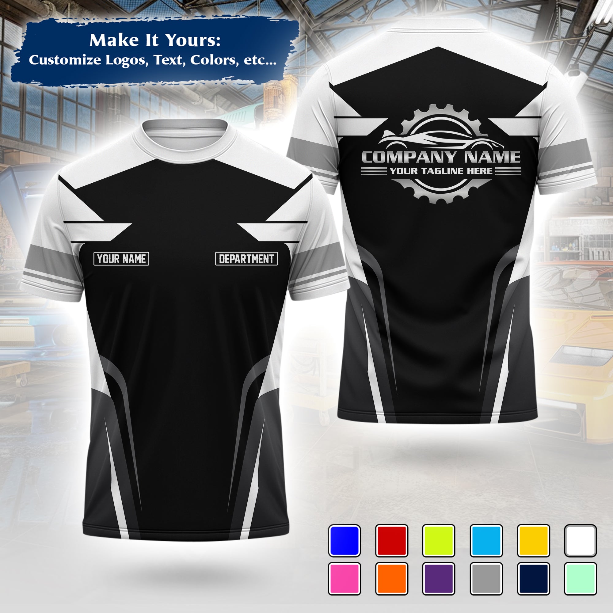 Custom Auto Mechanic Uniform T-Shirt, Personalized Garage Logo, Tech Name & Phone MCNTS01
