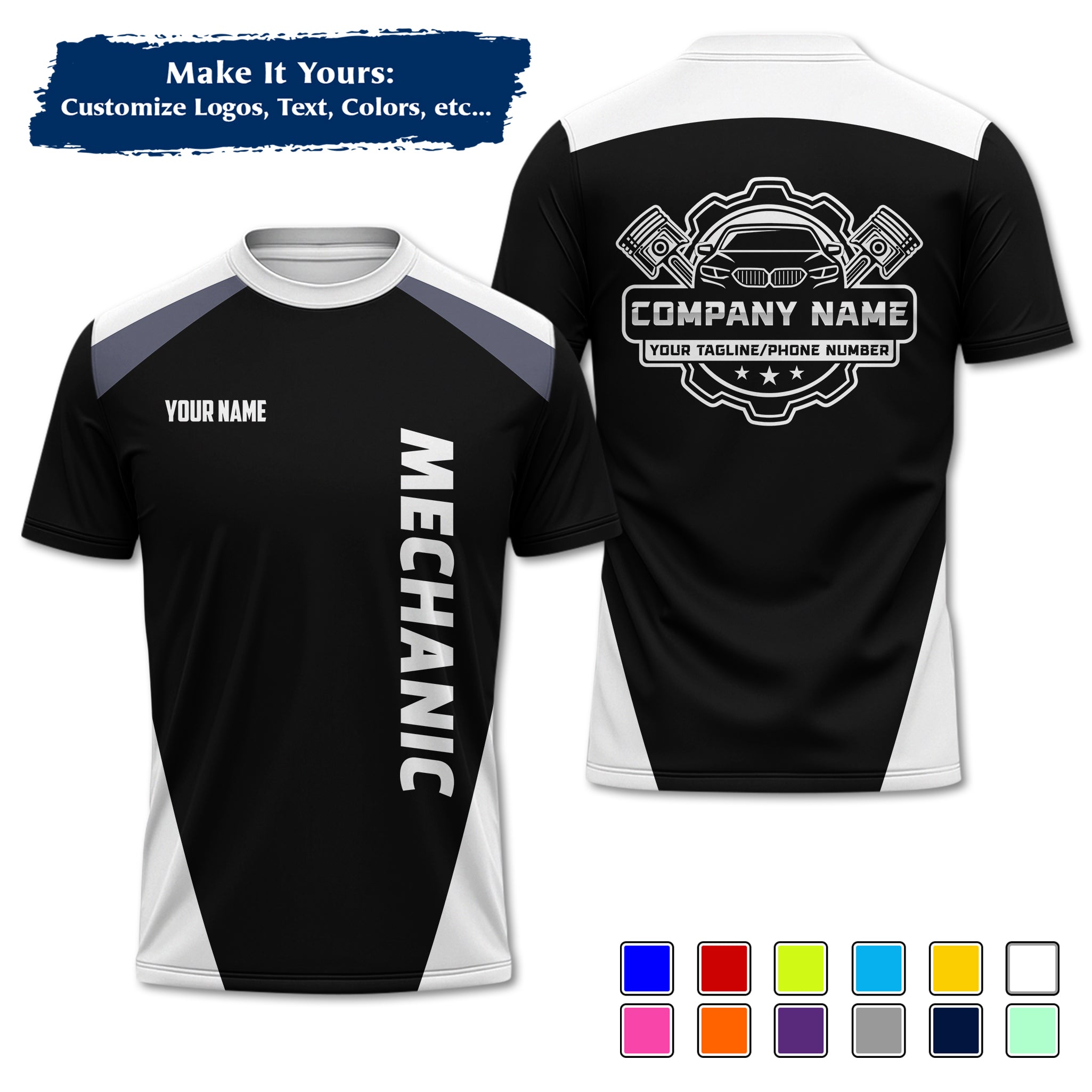 Custom Auto Mechanic Uniform T-Shirt, Personalized Garage Logo, Tech Name & Phone MCNTS03