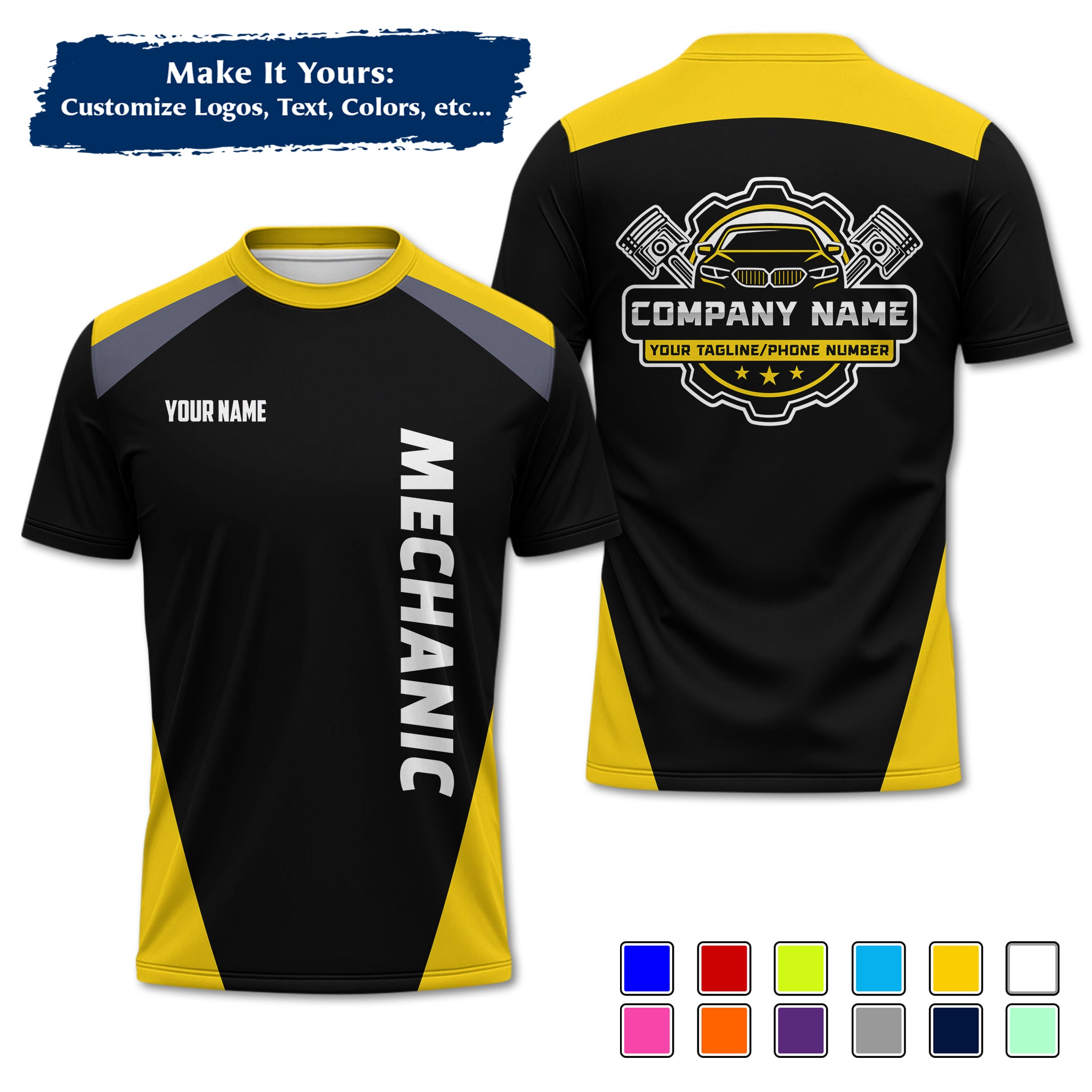 Custom Auto Mechanic Uniform T-Shirt, Personalized Garage Logo, Tech Name & Phone MCNTS03