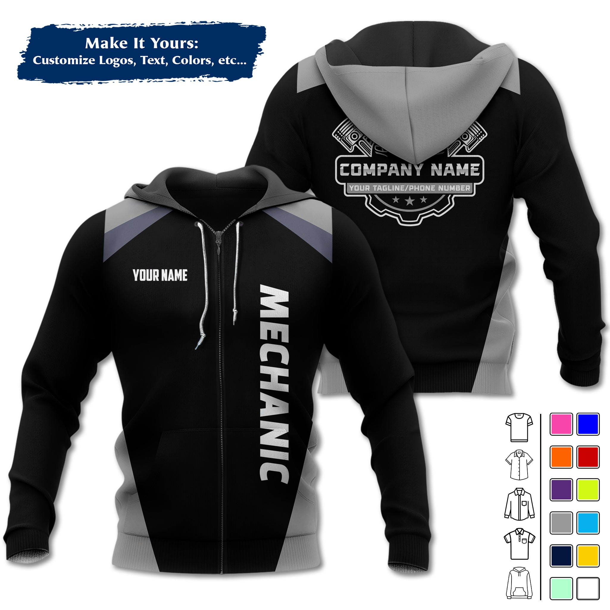 Custom Mechanic Work Hoodie Add Your Garage Logo, Name & Contact Info, Personalized Auto Repair Uniform Hoodie MCNHD03