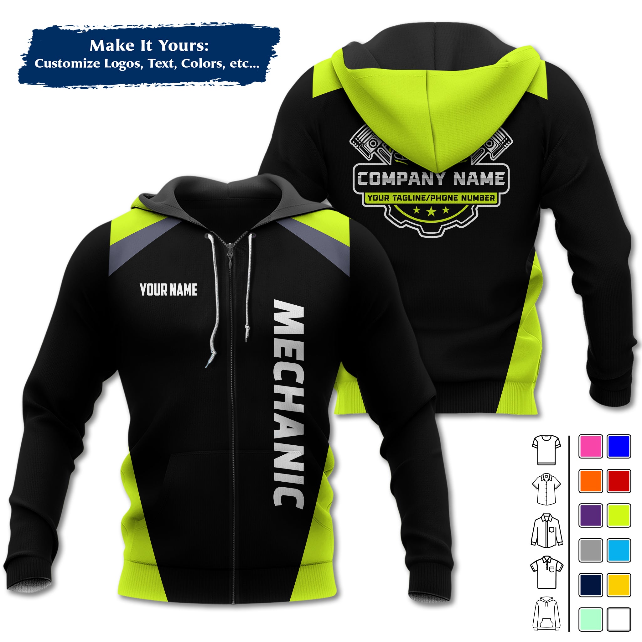 Custom Mechanic Work Hoodie Add Your Garage Logo, Name & Contact Info, Personalized Auto Repair Uniform Hoodie MCNHD03