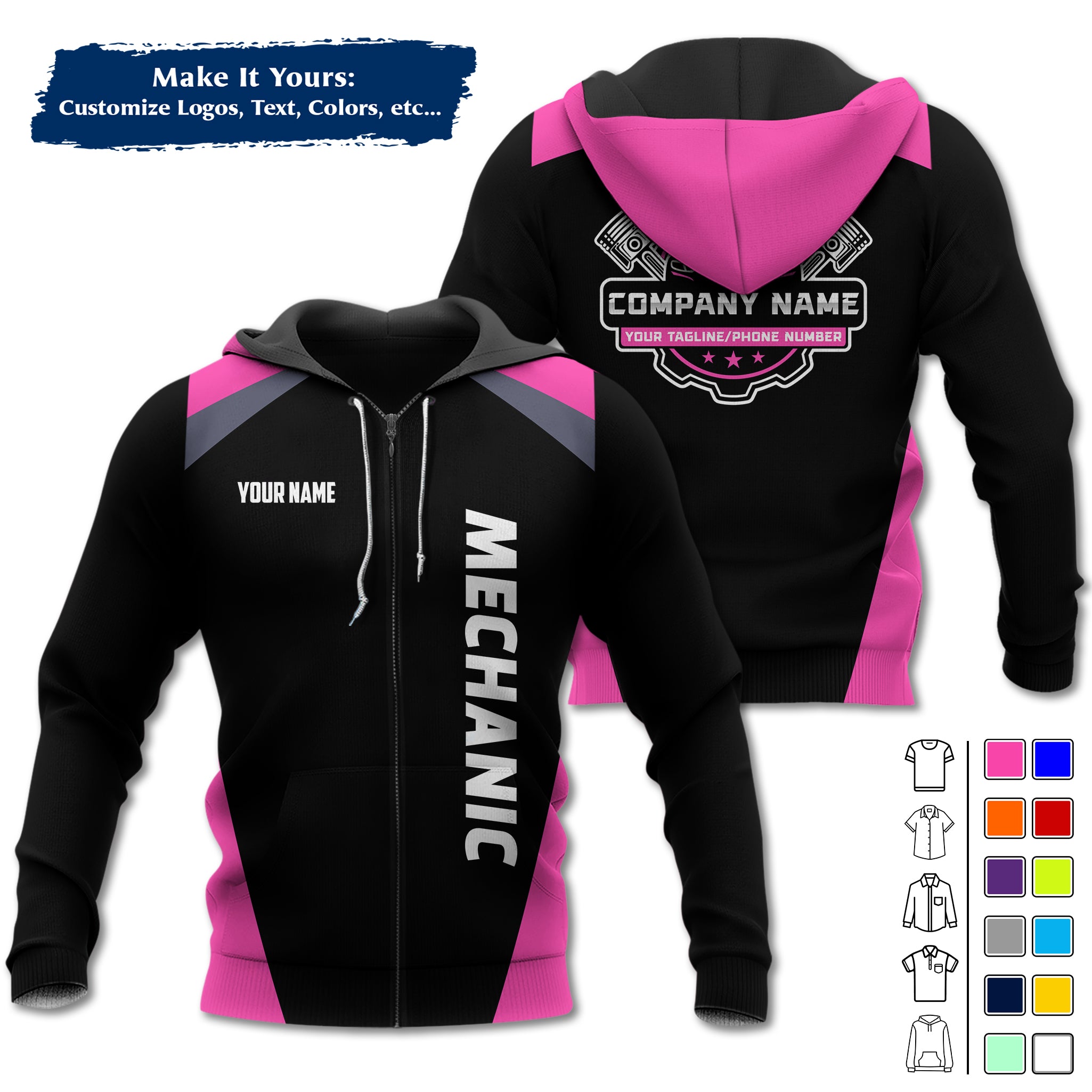 Custom Mechanic Work Hoodie Add Your Garage Logo, Name & Contact Info, Personalized Auto Repair Uniform Hoodie MCNHD03