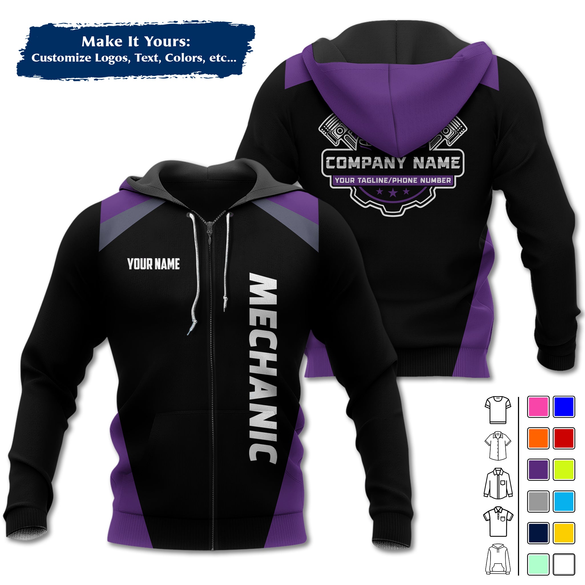 Custom Mechanic Work Hoodie Add Your Garage Logo, Name & Contact Info, Personalized Auto Repair Uniform Hoodie MCNHD03