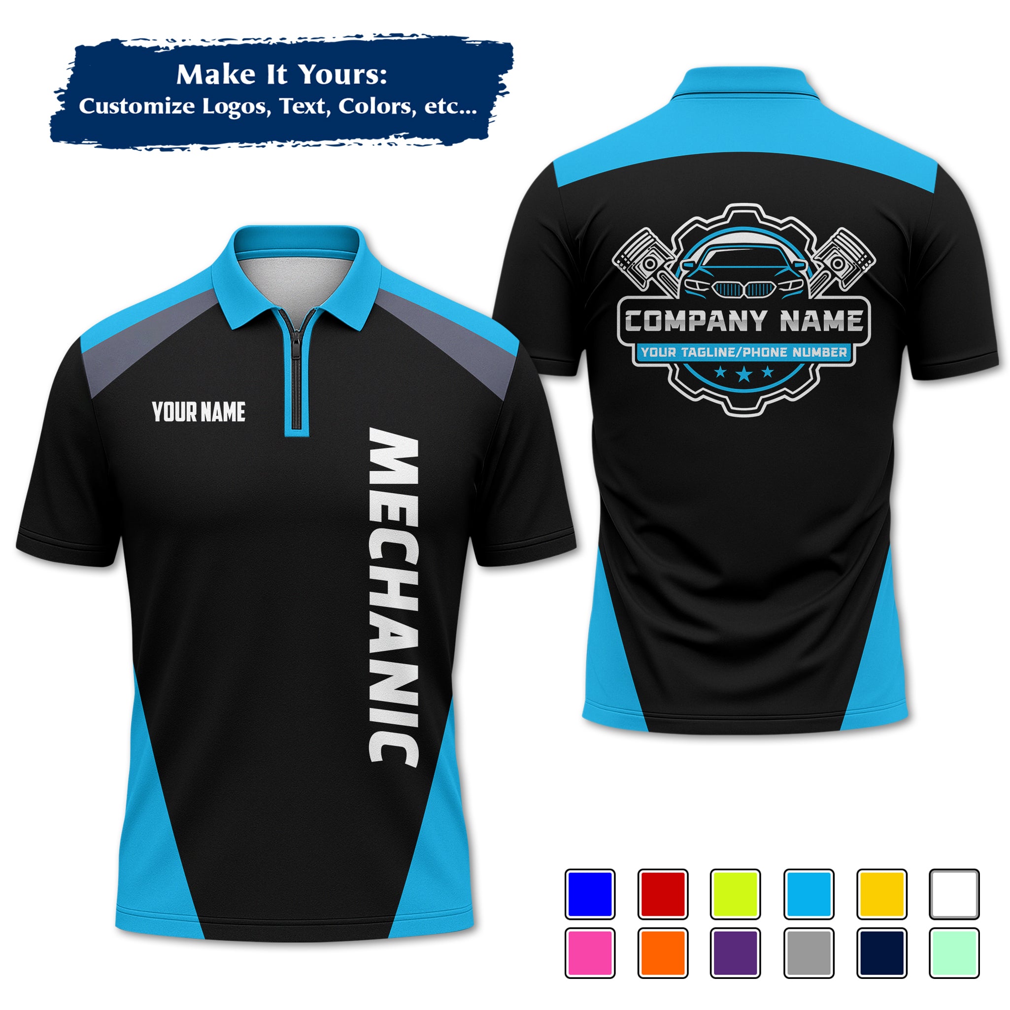 Custom Auto Mechanic Polo Uniform, Garage Logo, Tech Name & Phone MCNPL03