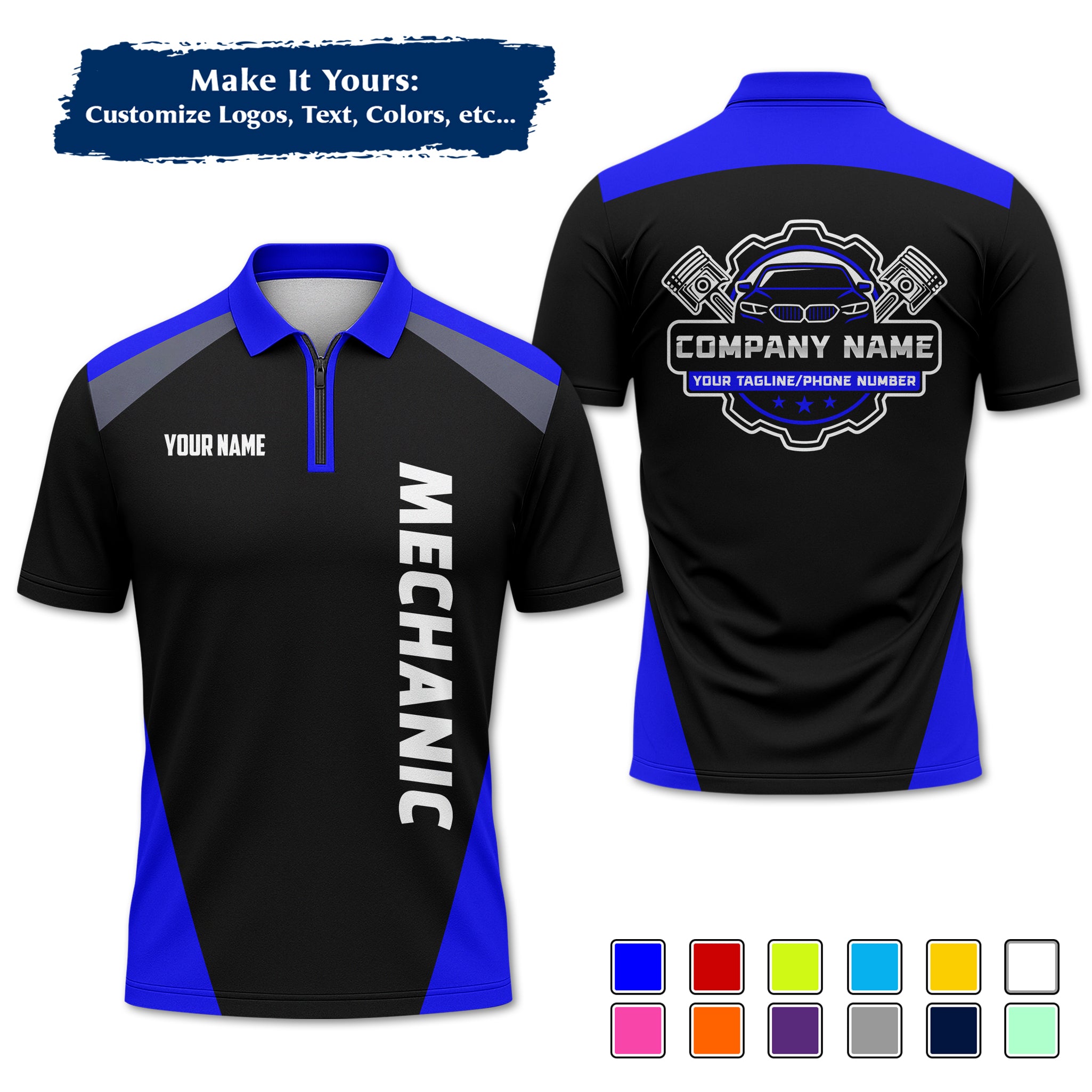 Custom Auto Mechanic Polo Uniform, Garage Logo, Tech Name & Phone MCNPL03