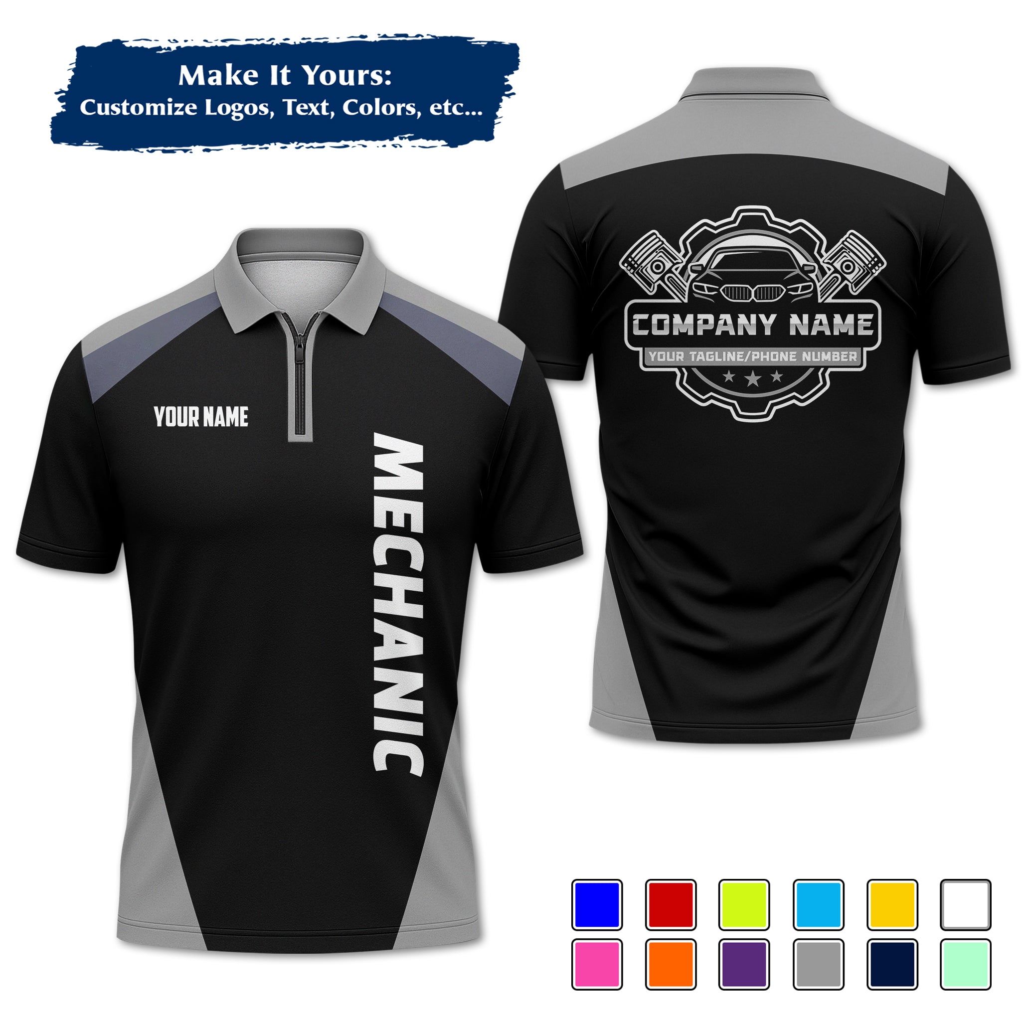 Custom Auto Mechanic Polo Uniform, Garage Logo, Tech Name & Phone MCNPL03