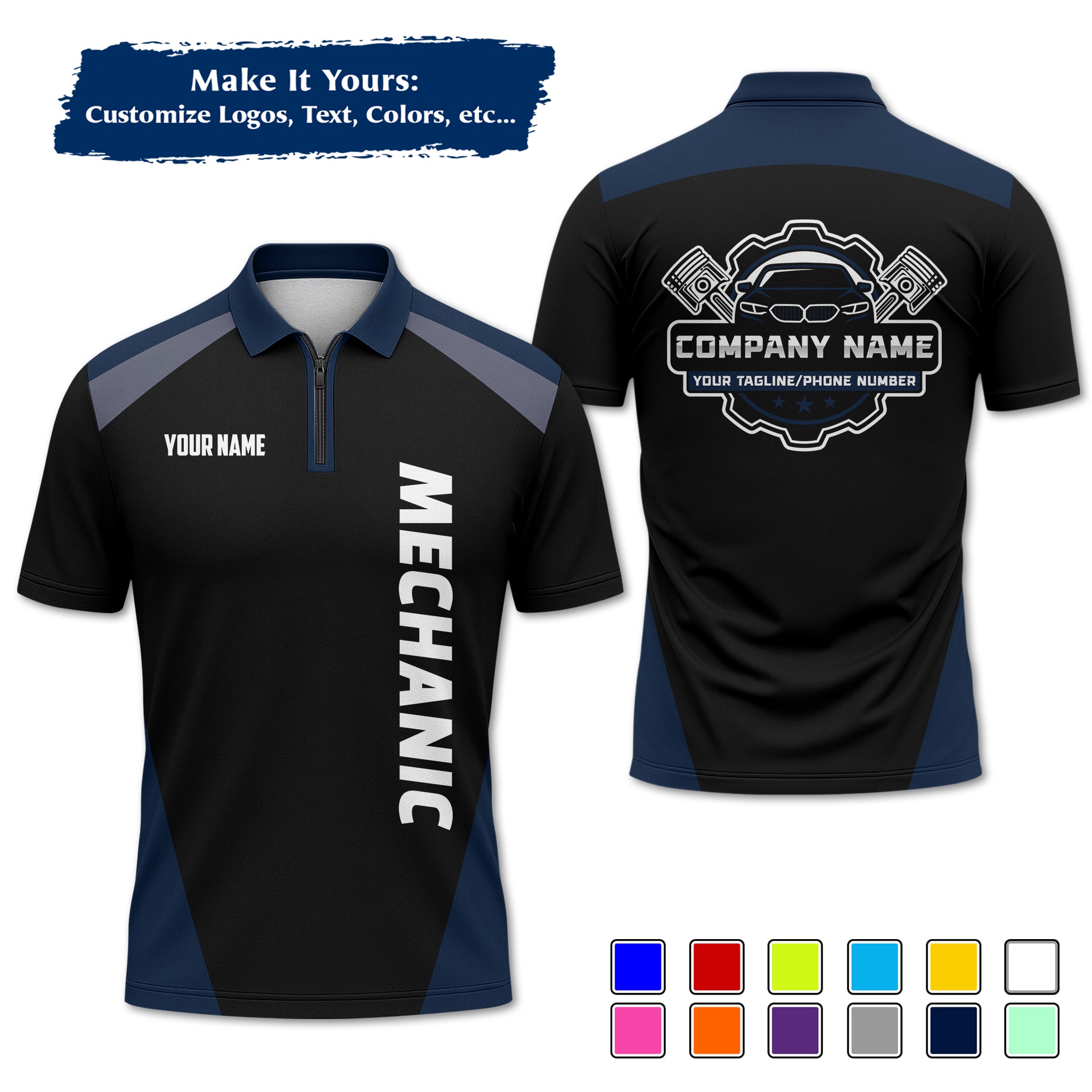 Custom Auto Mechanic Polo Uniform, Garage Logo, Tech Name & Phone MCNPL03