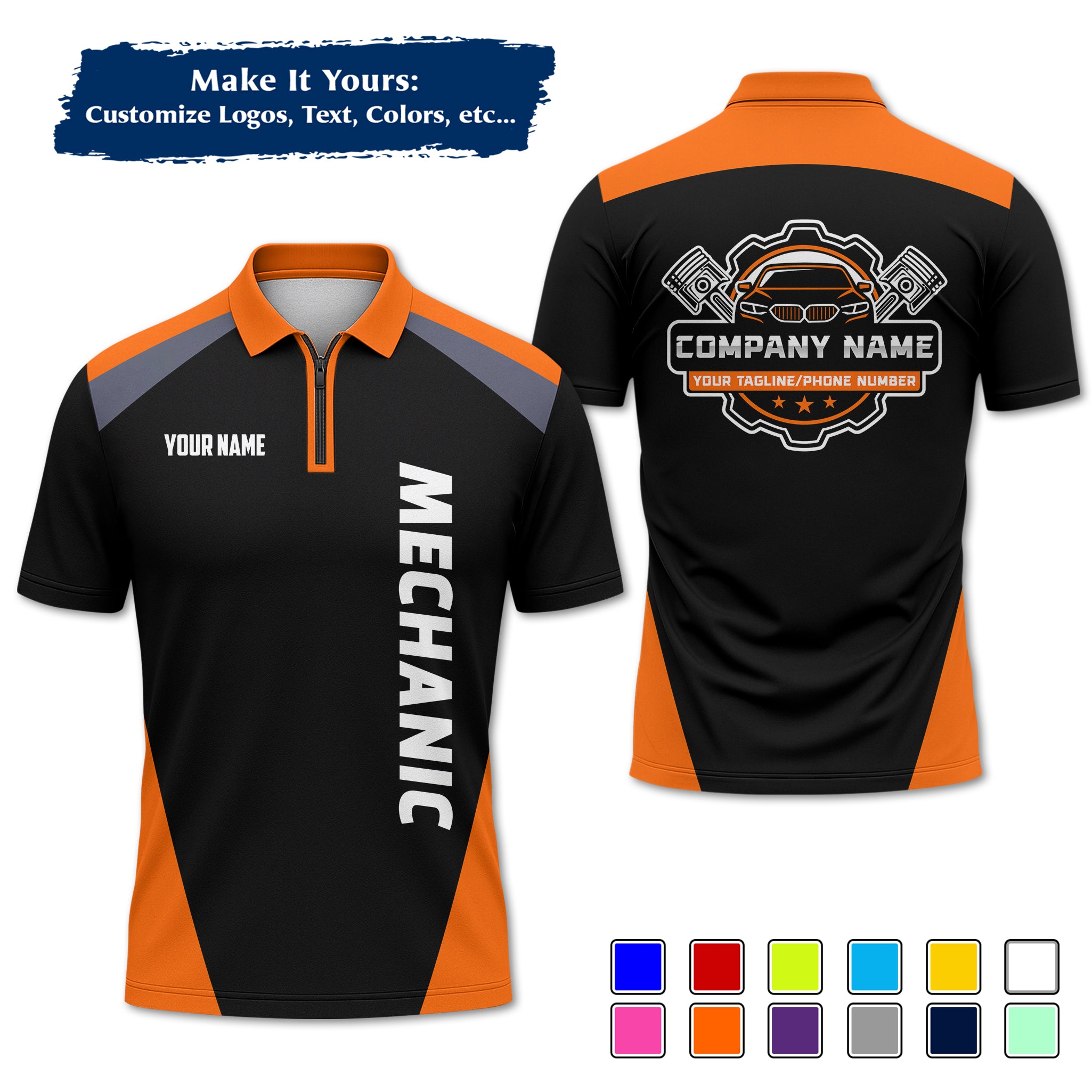 Custom Auto Mechanic Polo Uniform, Garage Logo, Tech Name & Phone MCNPL03