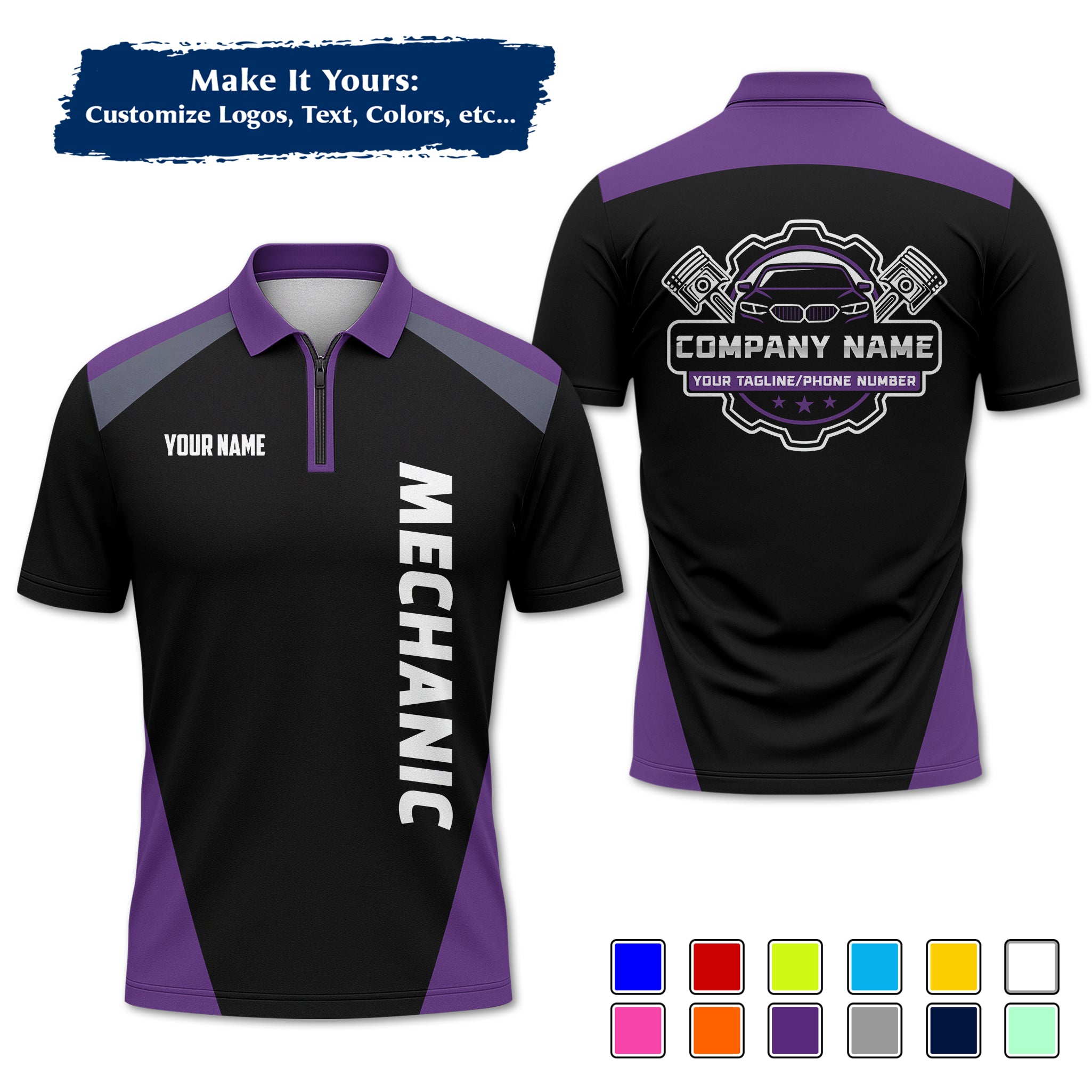 Custom Auto Mechanic Polo Uniform, Garage Logo, Tech Name & Phone MCNPL03