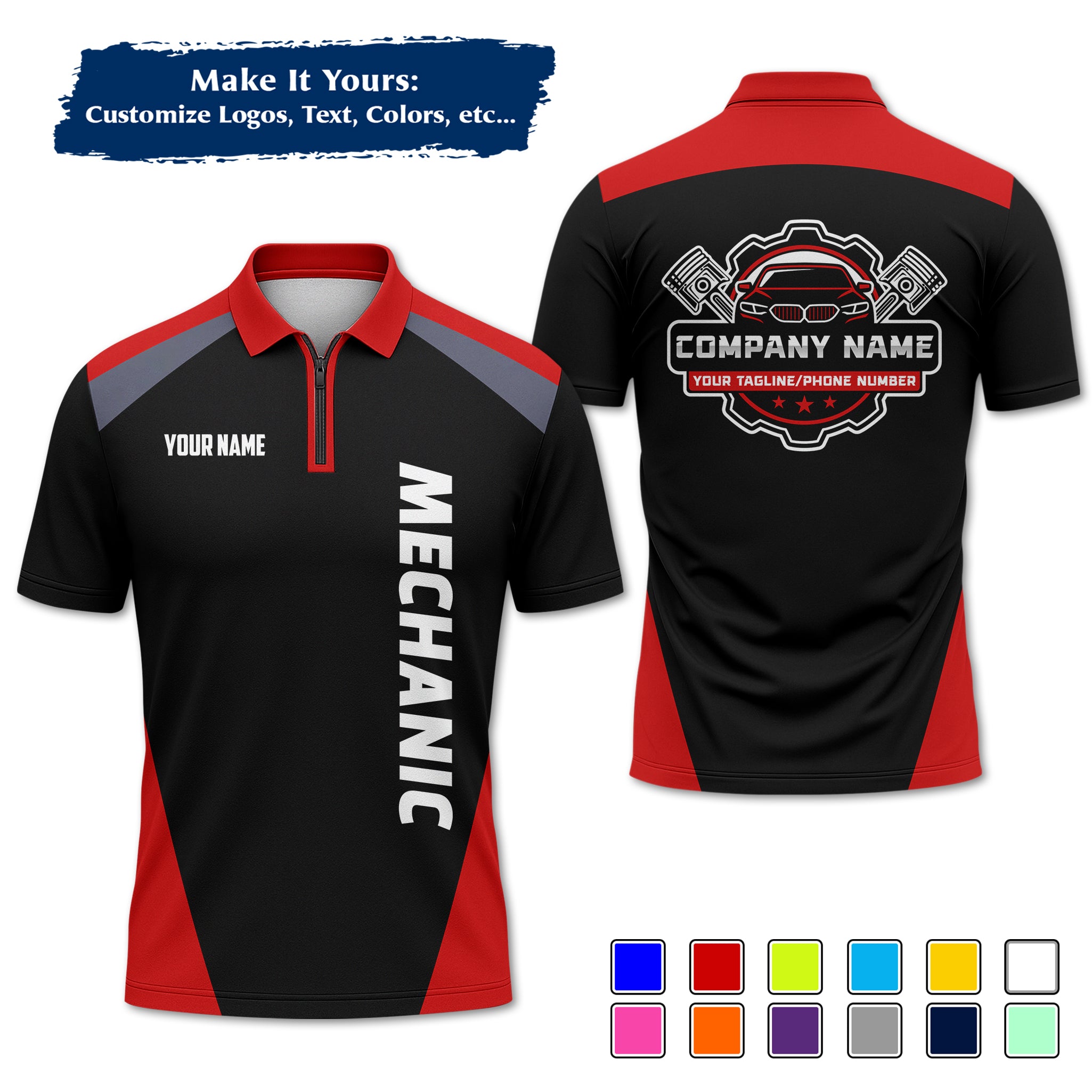 Custom Auto Mechanic Polo Uniform, Garage Logo, Tech Name & Phone MCNPL03