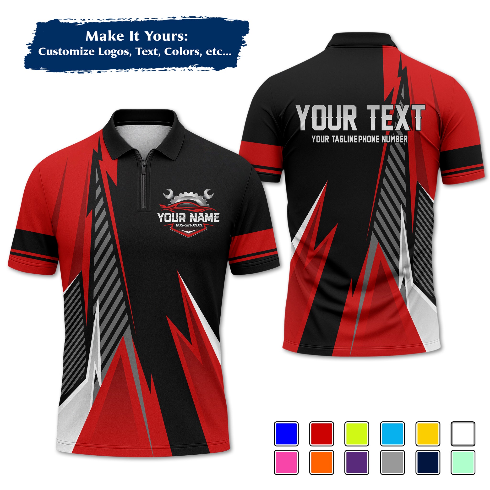 Custom Auto Mechanic Polo Uniform, Garage Logo, Tech Name & Phone MCNPL02