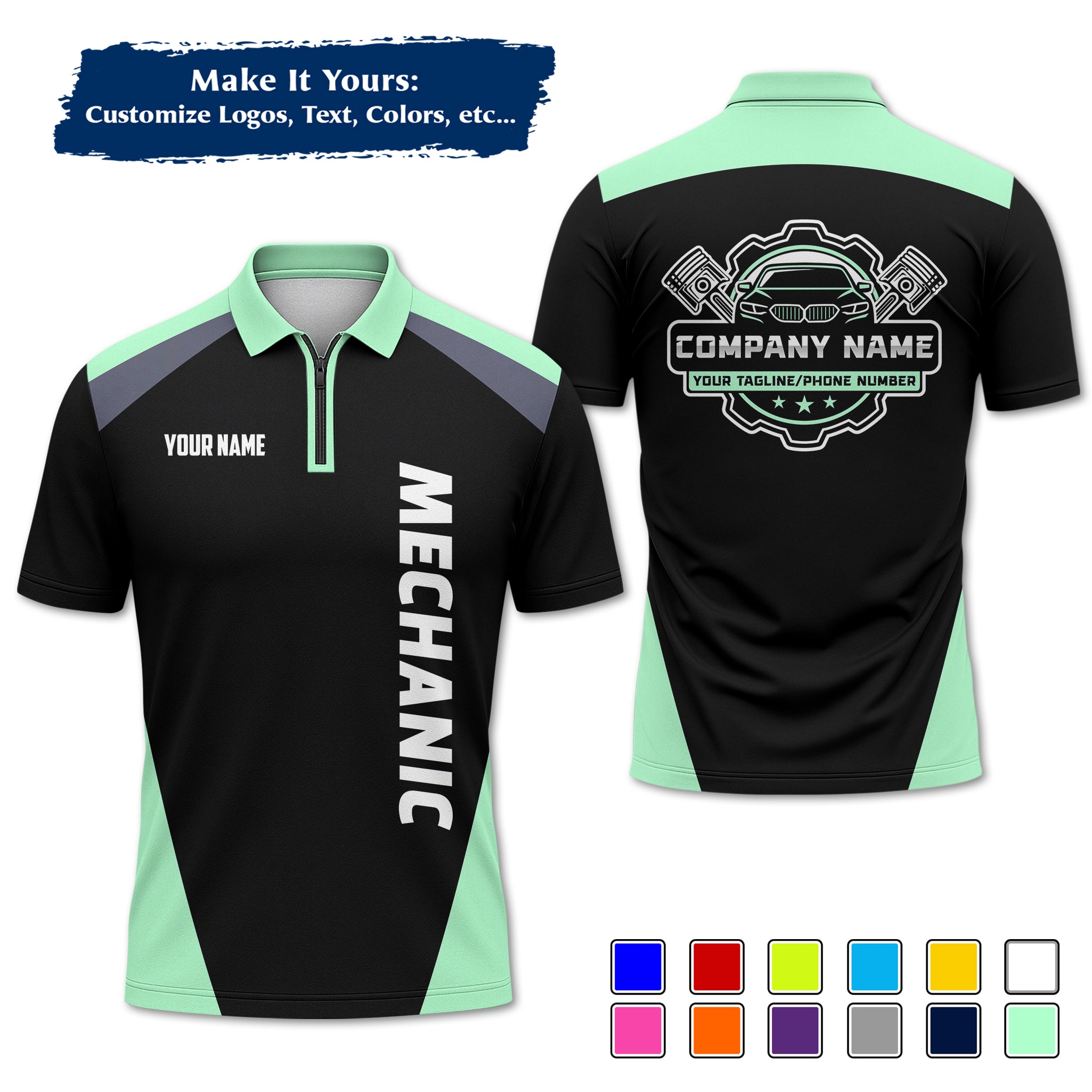 Custom Auto Mechanic Polo Uniform, Garage Logo, Tech Name & Phone MCNPL03